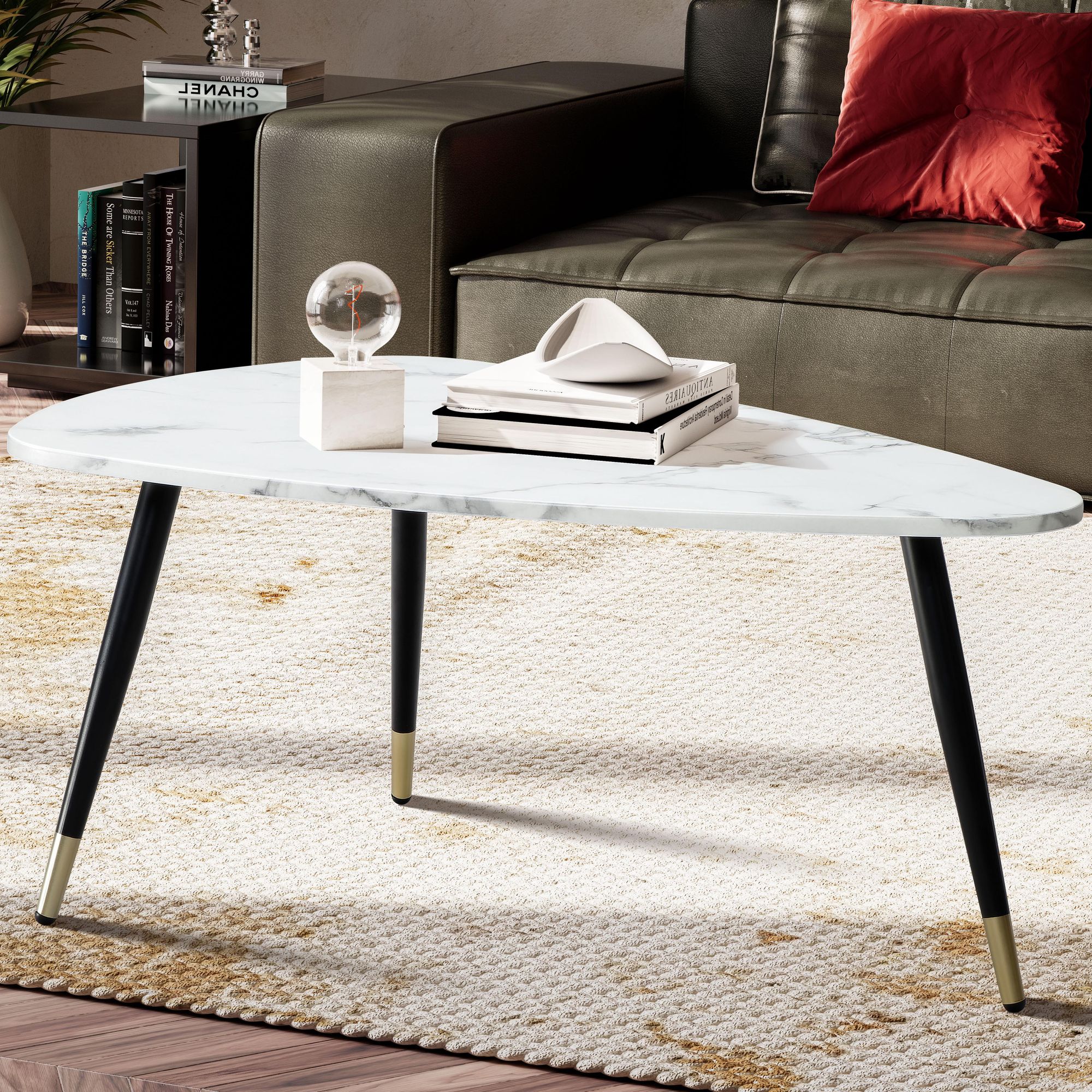 Couchtisch FineBuy Sofatisch Marmor Optik 90 cm Wohnzimmertisch Tisch Dreibein – Ansicht 1