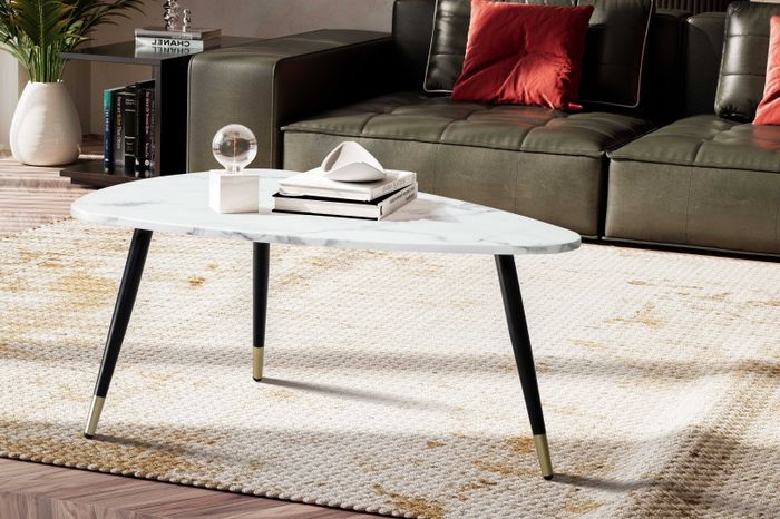 FineBuy Couchtisch 90x60x41 cm mit Marmor Optik, Dreibein Wohnzimmertisch mit Metall-Gestell, Sofatisch Dreieckig Tisch Wohnzimmer, Beistelltisch