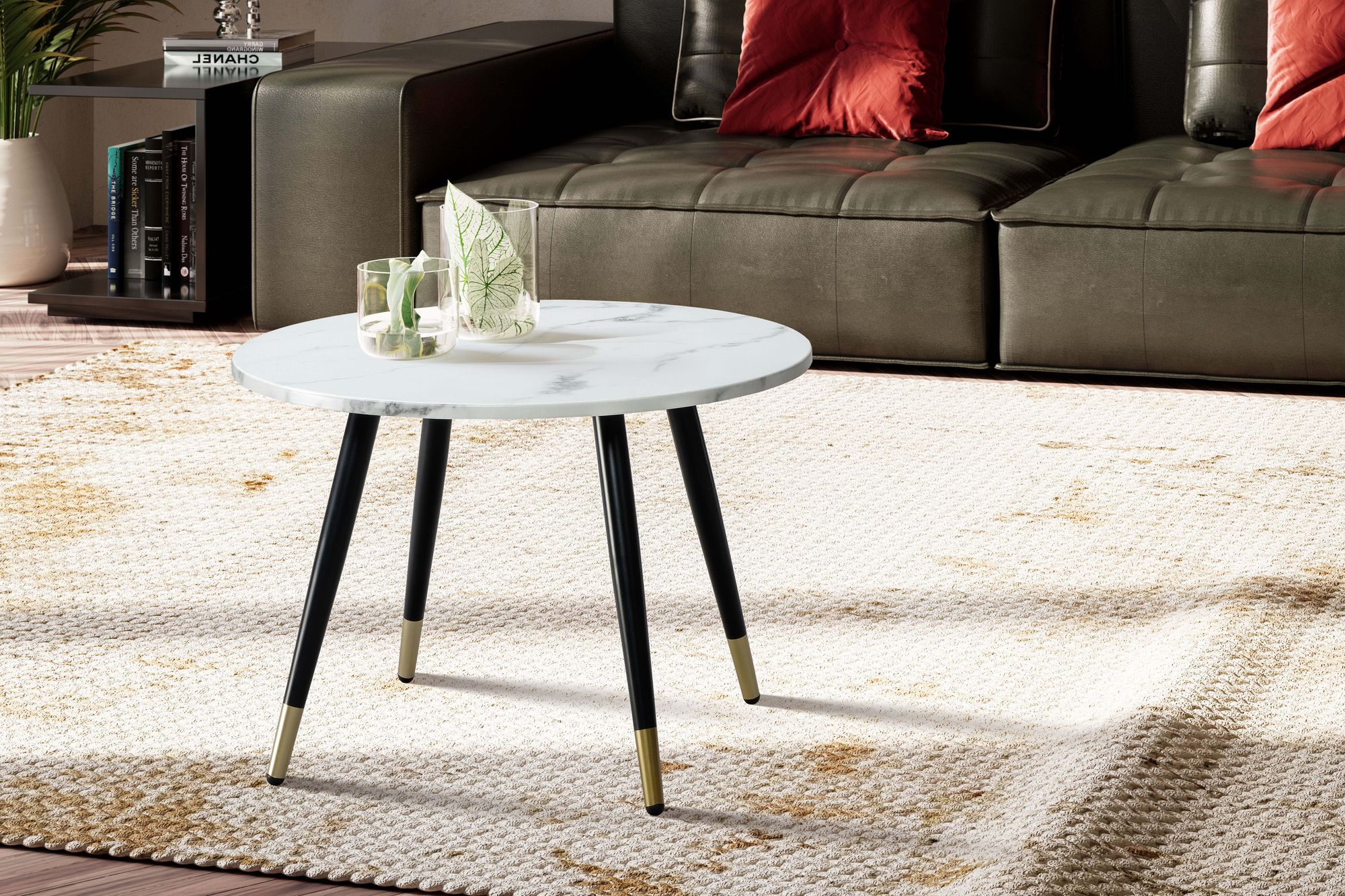 FineBuy Couchtisch 60x60x41 cm mit Marmor Optik Modern, Design Wohnzimmertisch mit Metall-Gestell, Sofatisch Rund Tisch, Beistelltisch Wohnzimmer | Farbe: Weiß