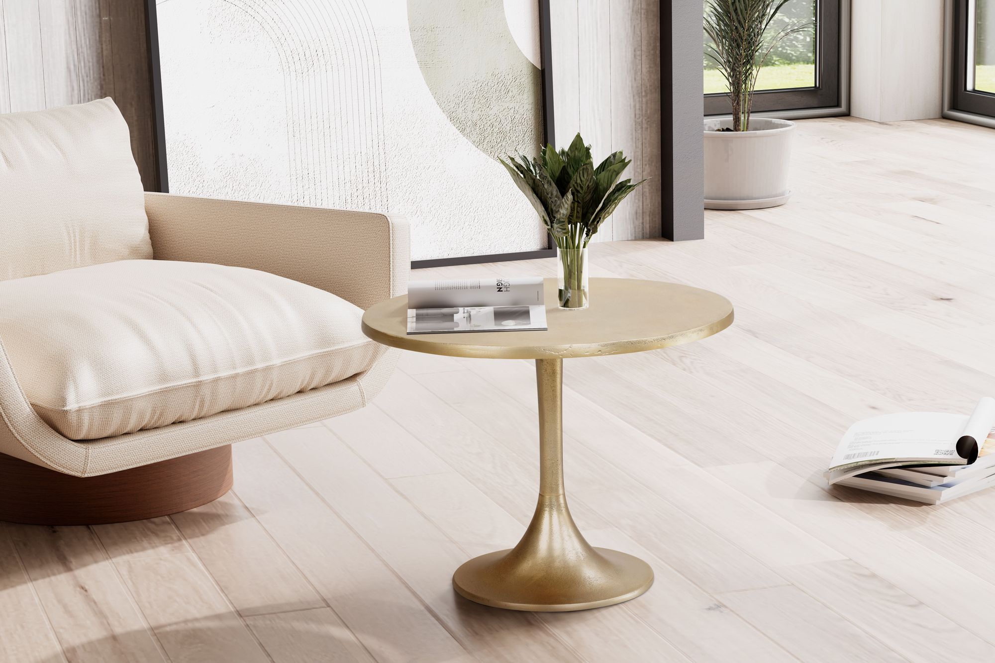 FineBuy Design Couchtisch rund 60 cm Metall gold - Goldener Wohnzimmertisch aus Aluminium - Runder handgefertigter Beistelltisch für Wohnzimmer | Farbe: Gold