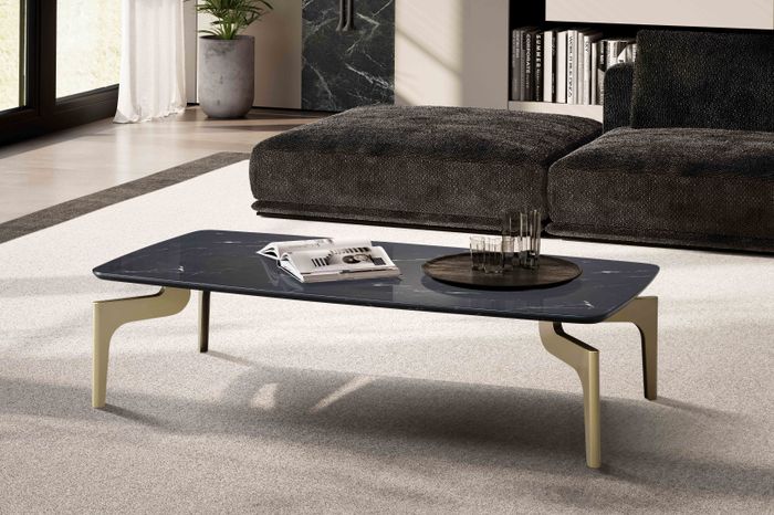 FineBuy Couchtisch 120x60x30,5 cm mit Hochglanz Marmor Optik Schwarz / Gold, Wohnzimmertisch Rechteckig mit Metall-Gestell, Sofatisch Groß, Tisch Wohnzimmer