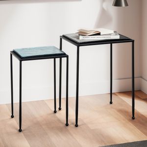 FB102746 FineBuy Beistelltisch 2er Set Blau Schwarz Design Satztisch Glas Metall Eckig, Wohnzimmertisch Modern, Ausgefallener Couchtisch Quadratisch, Sofatisch 2-teilig abnehmbare Tischplatte