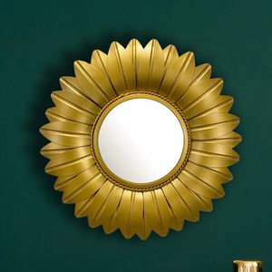 FineBuy Wandspiegel Sonnenblume 60 cm Metall Design Hängespiegel Gold, Eisen Dekospiegel Blüte Rund, Spiegel Blume Wand Groß, Flurspiegel Garderobenspiegel Modern