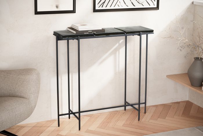 FineBuy Konsolentisch Schwarz 90x29x85 cm Design Anrichte Glas Flur, Ablagetisch mit Metallgestell Schmal Modern, Flurtisch mit abnehmbaren Tischplatten, Dielentisch Lang Hoch