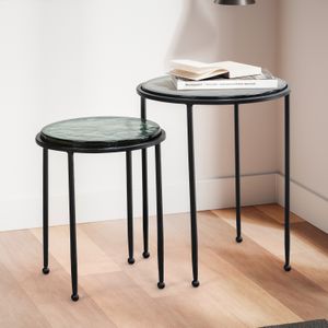 FB102814 FineBuy Beistelltisch 2er Set Grün Schwarz Design Satztisch Glas Metall Rund, Wohnzimmertisch Modern, Ausgefallener Couchtisch, Sofatisch 2-teilig abnehmbare Tischplatte