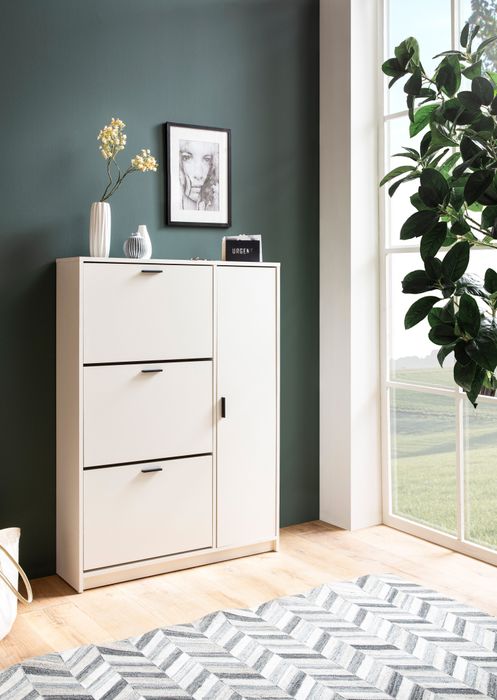 FineBuy Schuhschrank Weiß 90x120x24 cm Schuhkipper Geschlossen, Schuhkommode Modern, Flurschrank mit Ablage, Schuhaufbewahrung Flurkommode für Schuhe Hoch