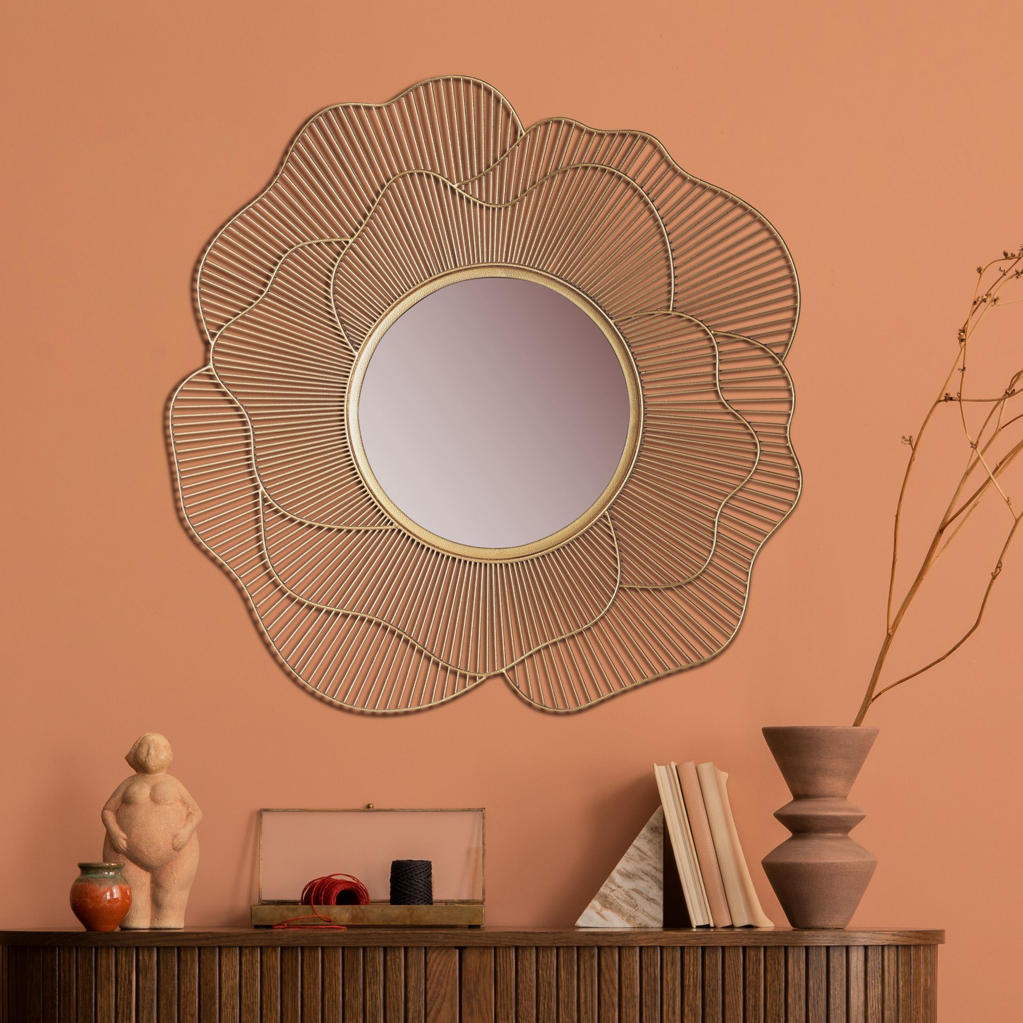 FineBuy Design Wandspiegel rund gold 77 cm groß - Flur Spiegel mit Goldrahmen Blüten - Dekospiegel modern für die Wand - Garderobenspiegel | Farbe: Gold