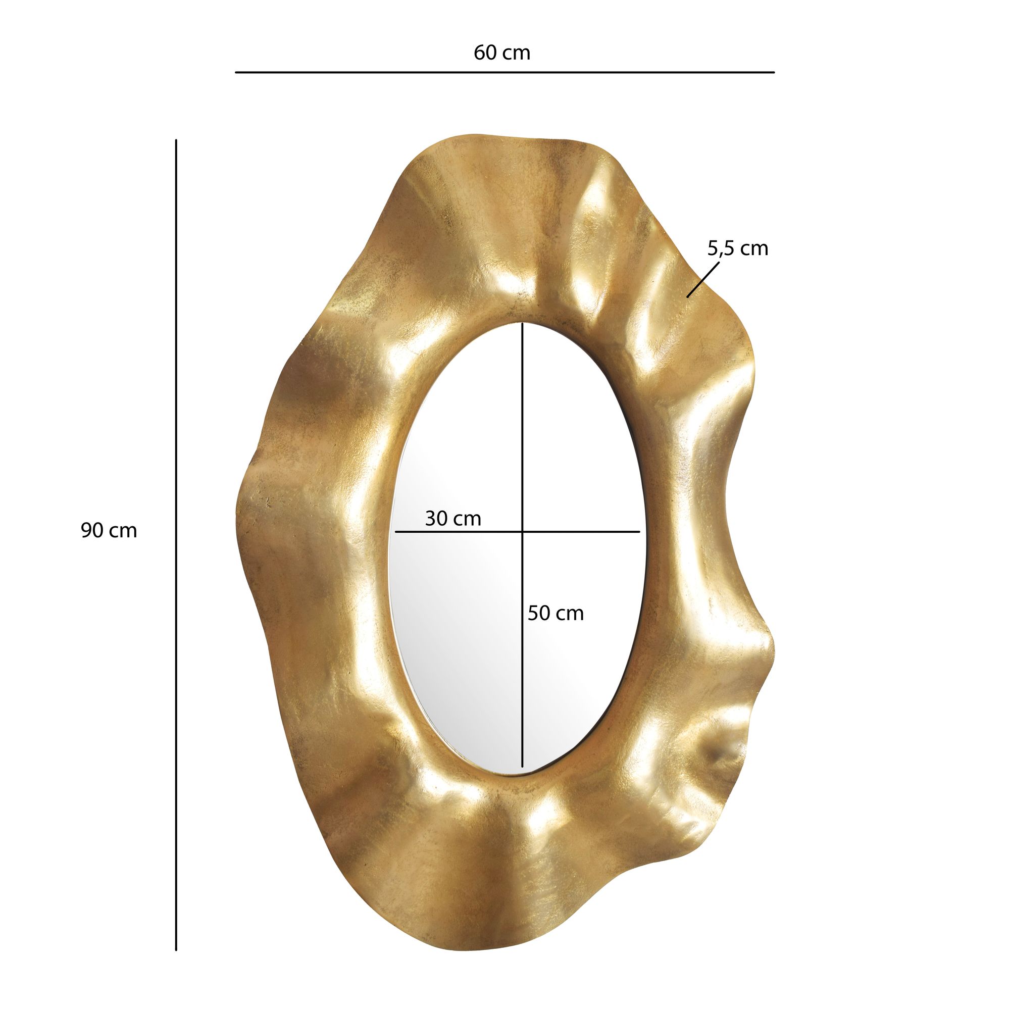 FineBuy Wandspiegel Asymmetrisch 60x90 cm Metall Design Hängespiegel Gold, Aluminium Dekospiegel Unförmig mit Rahmen, Spiegel Wand Groß, Flurspiegel Länglich, Garderobenspiegel Modern | Farbe: Gold