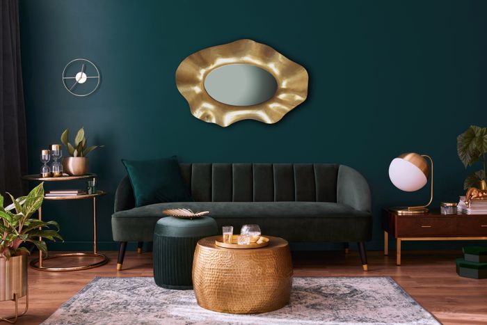 FineBuy Wandspiegel Asymmetrisch 60x90 cm Metall Design Hängespiegel Gold, Aluminium Dekospiegel Unförmig mit Rahmen, Spiegel Wand Groß, Flurspiegel Länglich, Garderobenspiegel Modern