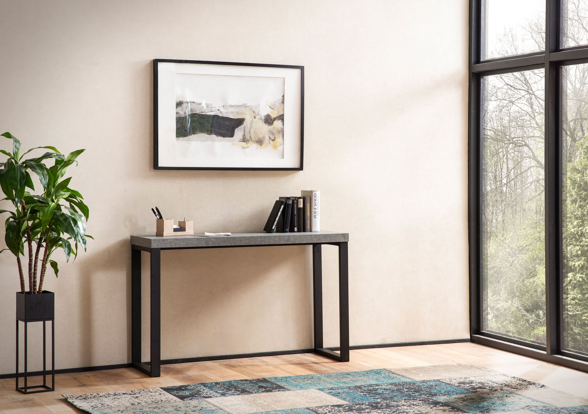 FineBuy Konsolentisch Beton-Optik / Schwarz 120x40x76 cm Design Anrichte Flur, Ablagetisch Grau Schmal, Flurtisch mit Metallbeine, Dielentisch Lang Hoch, Kleiner Schreibtisch | Farbe: Grau