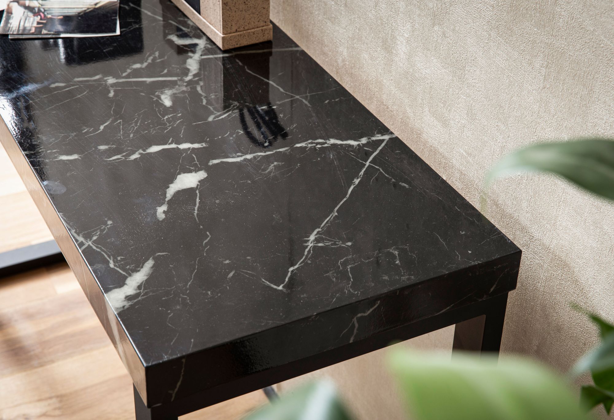FineBuy Konsolentisch Marmor-Optik Schwarz Hochglanz 120x40x76 cm Design Anrichte Flur, Ablagetisch Schmal, Flurtisch mit Metallbeine, Dielentisch Lang Hoch, Kleiner Schreibtisch | Farbe: Schwarz