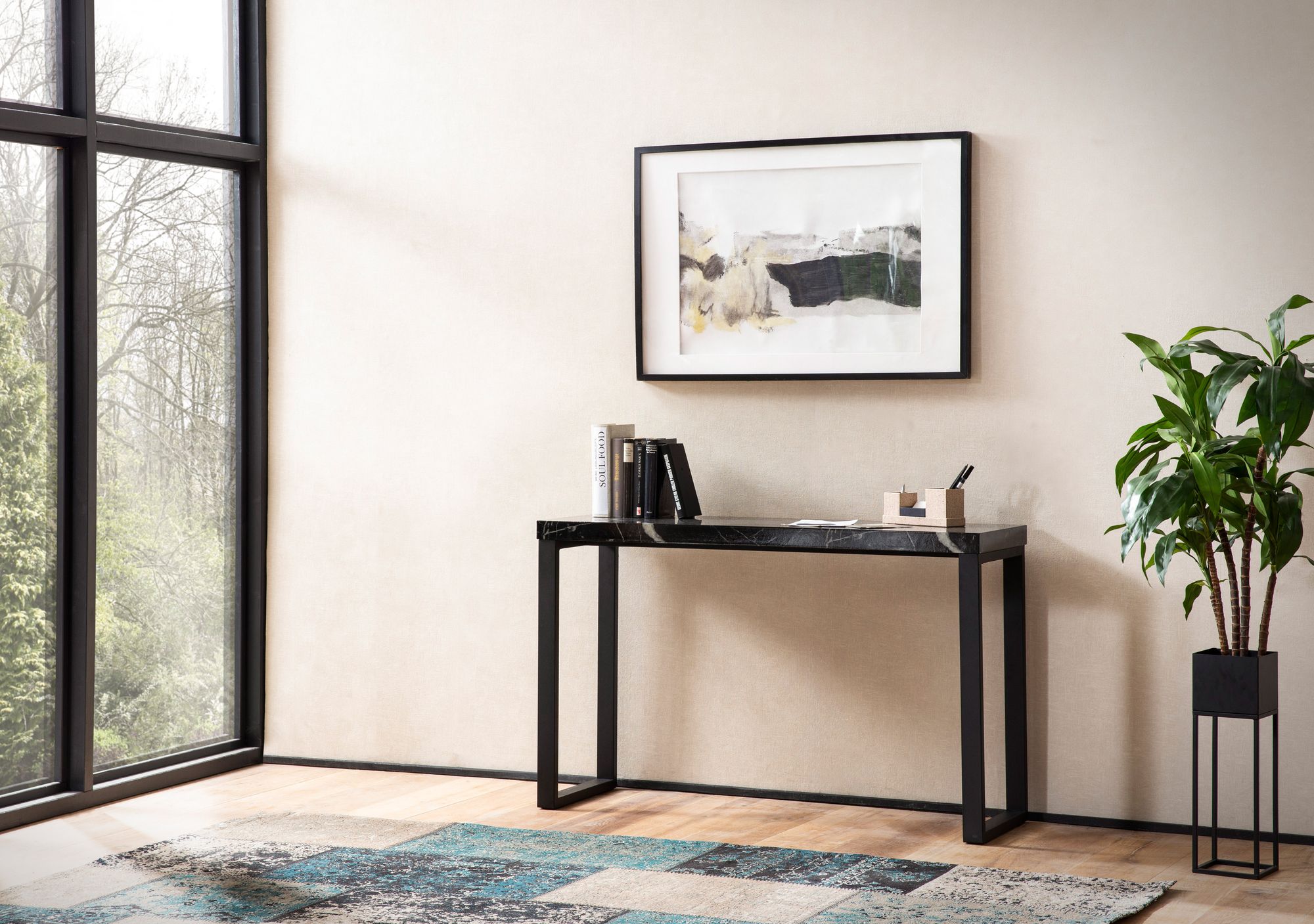 FineBuy Konsolentisch Marmor-Optik Schwarz Hochglanz 120x40x76 cm Design Anrichte Flur, Ablagetisch Schmal, Flurtisch mit Metallbeine, Dielentisch Lang Hoch, Kleiner Schreibtisch | Farbe: Schwarz