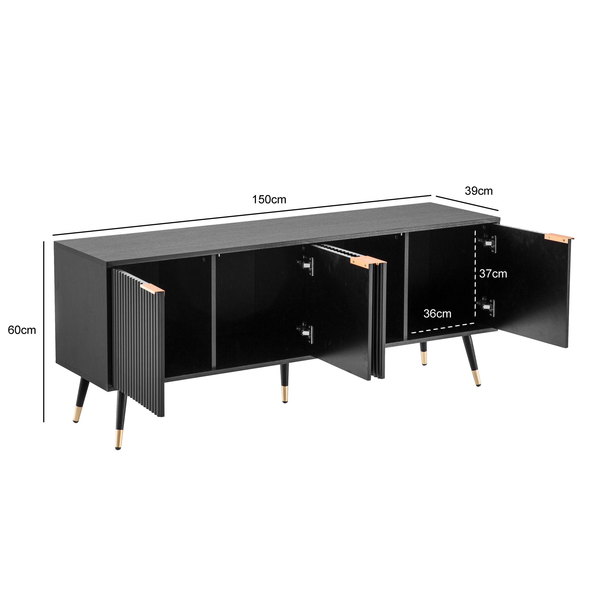 FineBuy Lowboard Schwarz mit Eiche-Dekor 150x60x39 cm TV-Kommode Modern, Design TV-Schrank Hoch, Fernsehtisch Fernsehschrank mit Türen, Fernsehkommode Wohnzimmer | Farbe: Schwarz