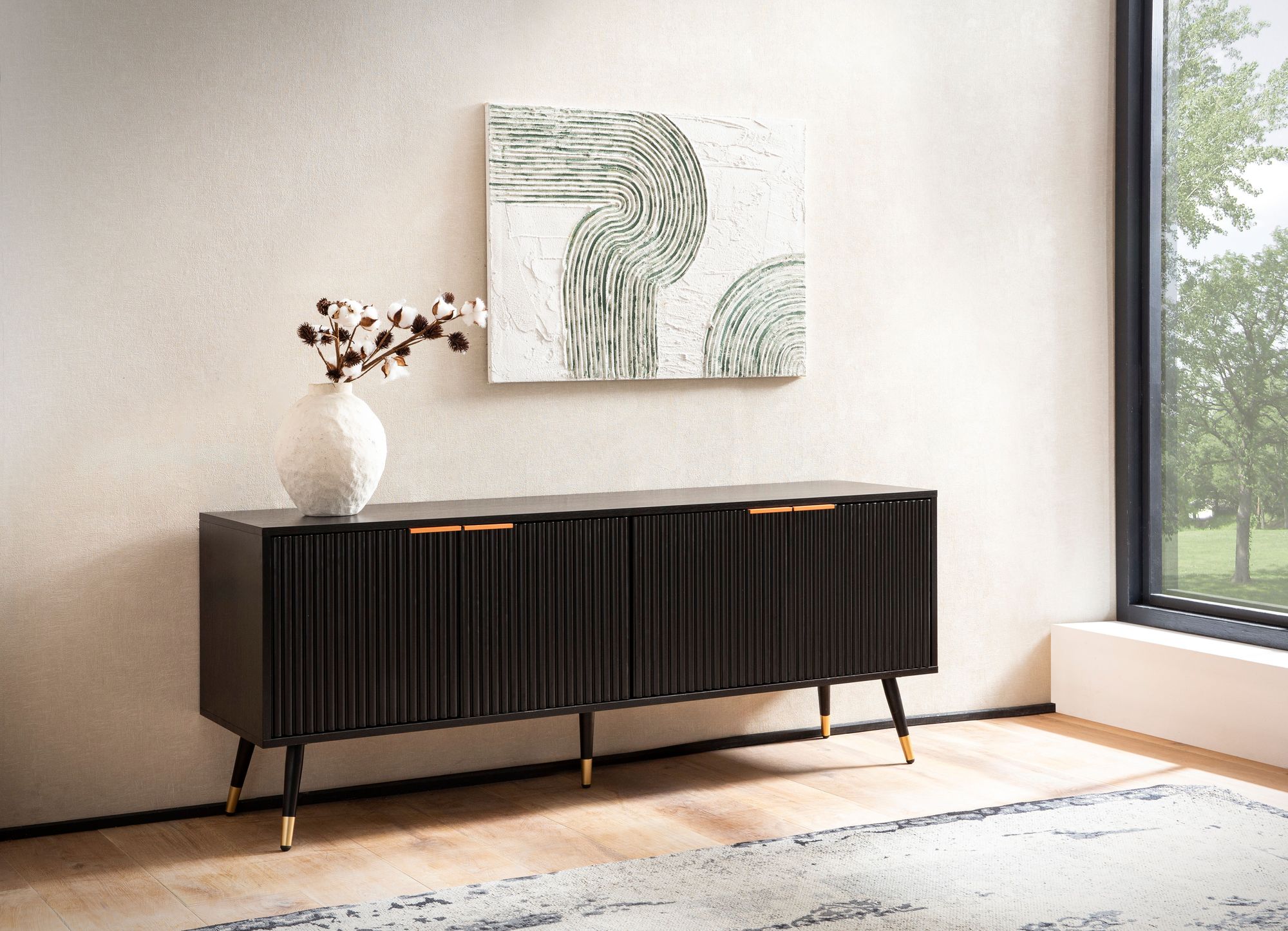 FineBuy Lowboard Schwarz mit Eiche-Dekor 150x60x39 cm TV-Kommode Modern, Design TV-Schrank Hoch, Fernsehtisch Fernsehschrank mit Türen, Fernsehkommode Wohnzimmer | Farbe: Schwarz