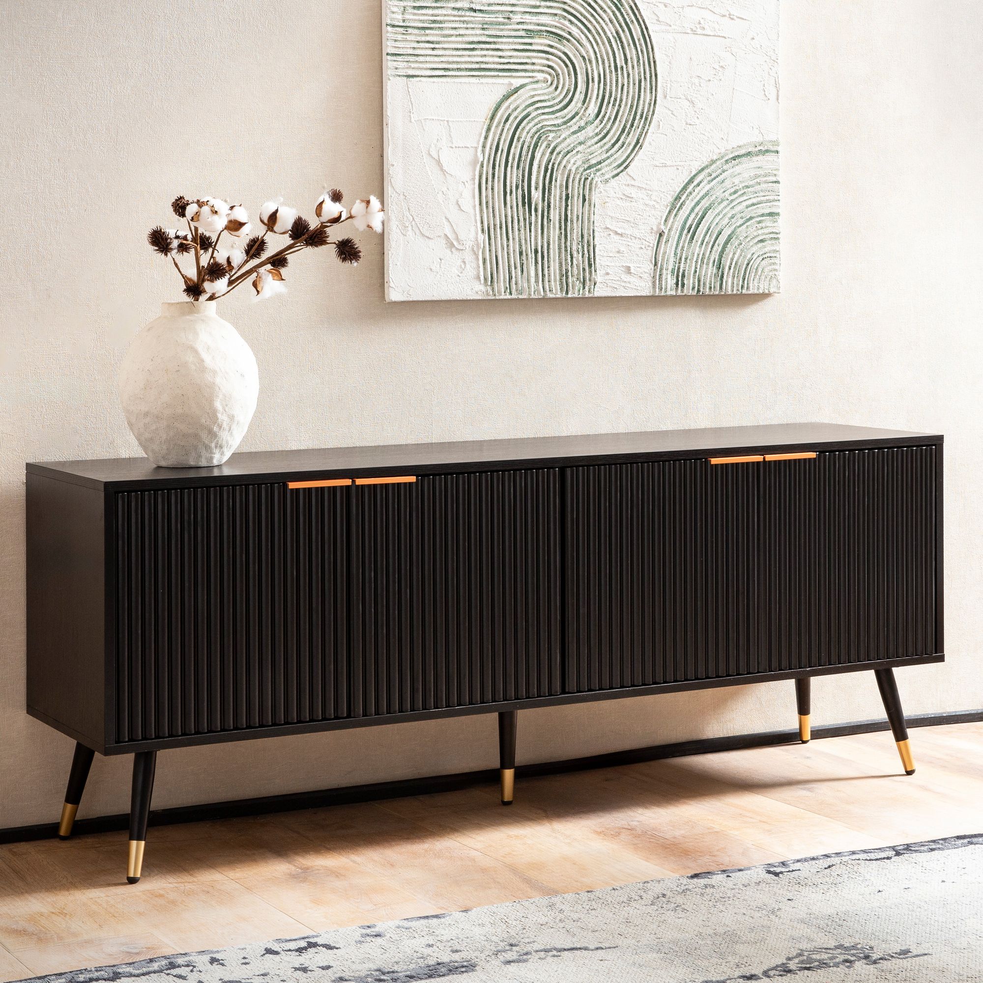 FineBuy Lowboard Schwarz mit Eiche-Dekor 150x60x39 cm TV-Kommode Modern, Design TV-Schrank Hoch, Fernsehtisch Fernsehschrank mit Türen, Fernsehkommode Wohnzimmer | Farbe: Schwarz