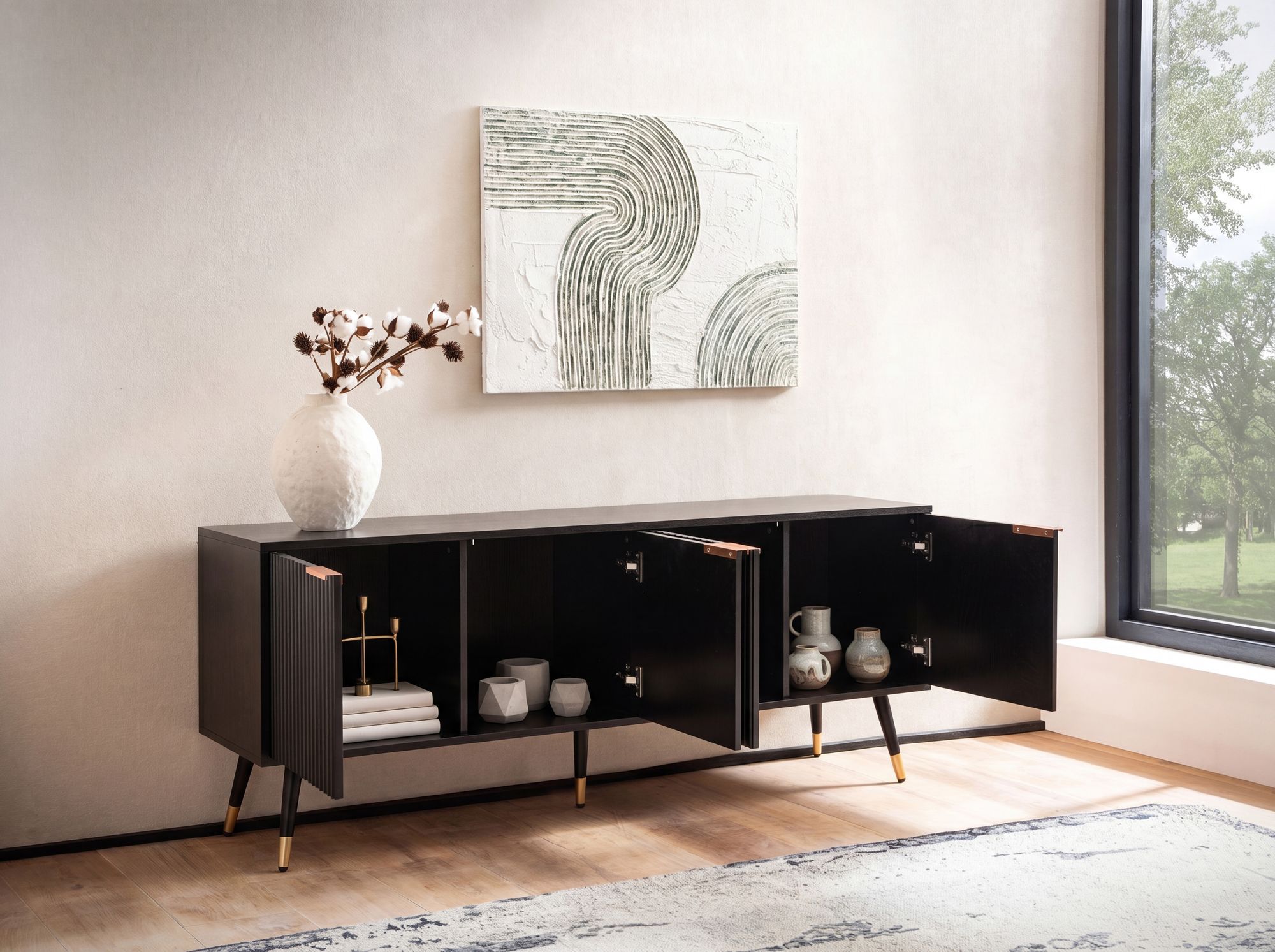 Lowboard FineBuy TV Schrank 150 cm Schwarz Türen Fernsehkommode Eiche Modern – Ansicht 2