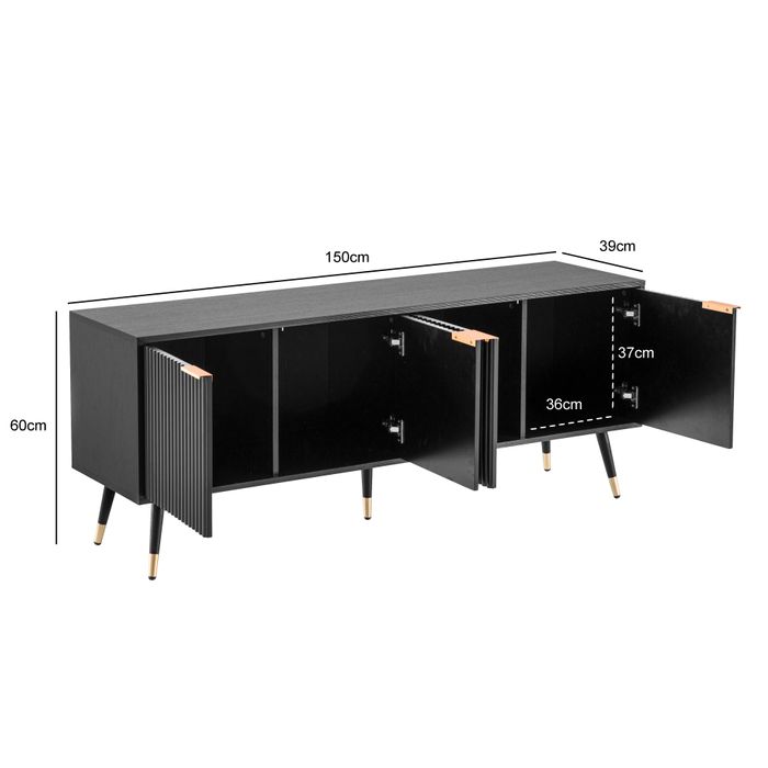 Lowboard FineBuy TV Schrank 150 cm Schwarz Türen Fernsehkommode Eiche Modern – Maßzeichnung