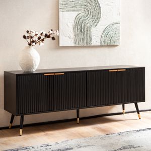 FineBuy Lowboard Schwarz mit Eiche-Dekor 150x60x39 cm TV-Kommode Modern, Design TV-Schrank Hoch, Fernsehtisch Fernsehschrank mit Türen, Fernsehkommode Wohnzimmer