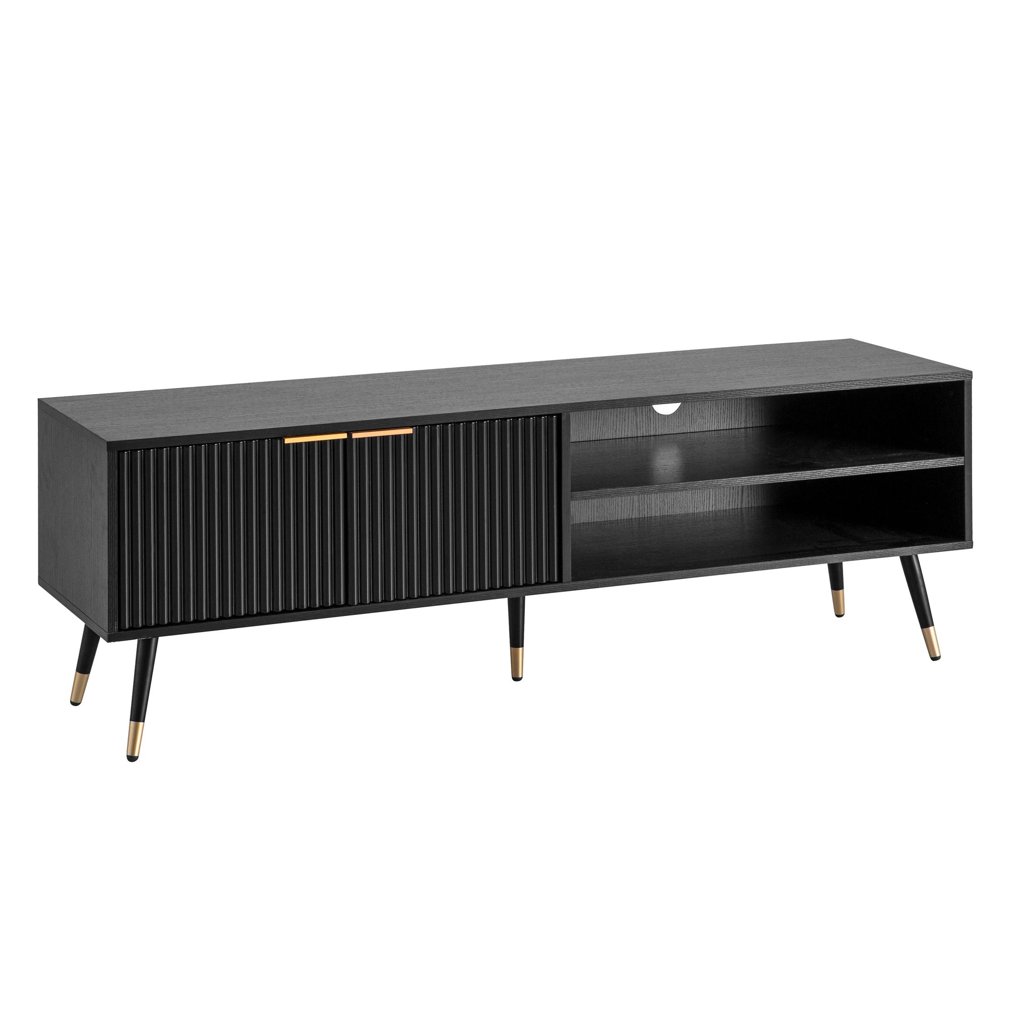 FineBuy Lowboard Schwarz mit Eiche-Dekor 150x51x39 cm TV-Kommode Modern, Design TV-Schrank Hoch, Fernsehtisch Fernsehschrank mit Türen & Ablagefächern, Fernsehkommode Wohnzimmer | Farbe: Schwarz