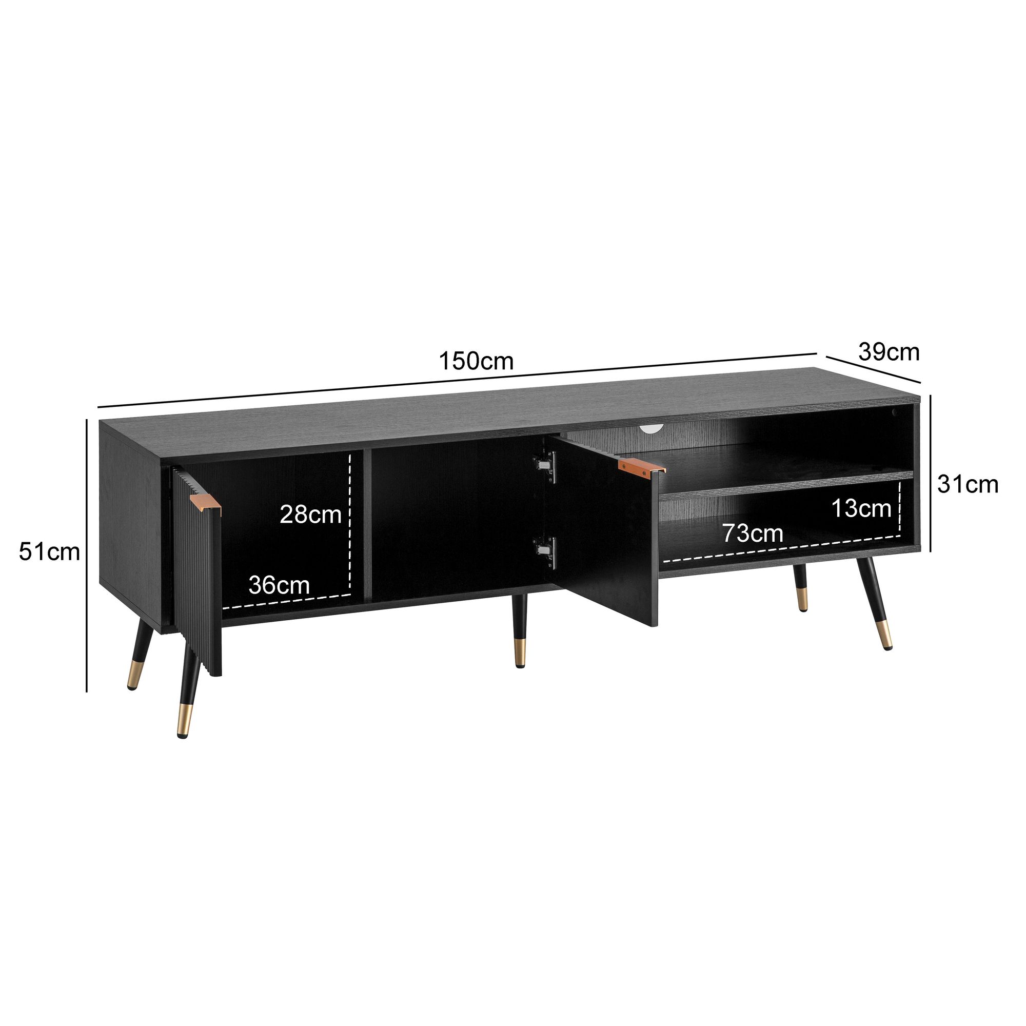 FineBuy Lowboard Schwarz mit Eiche-Dekor 150x51x39 cm TV-Kommode Modern, Design TV-Schrank Hoch, Fernsehtisch Fernsehschrank mit Türen & Ablagefächern, Fernsehkommode Wohnzimmer | Farbe: Schwarz