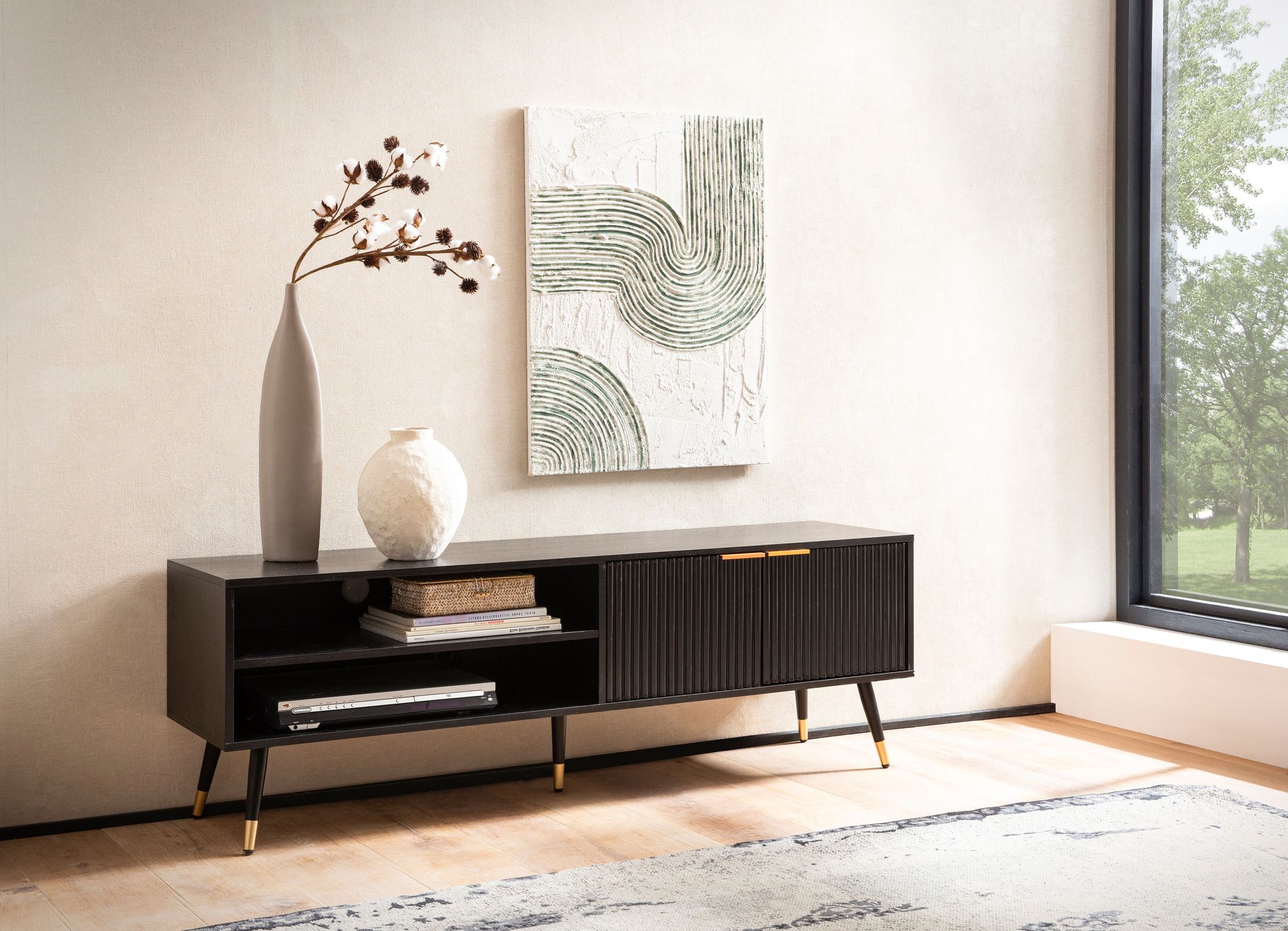 FineBuy Lowboard Schwarz mit Eiche-Dekor 150x51x39 cm TV-Kommode Modern, Design TV-Schrank Hoch, Fernsehtisch Fernsehschrank mit Türen & Ablagefächern, Fernsehkommode Wohnzimmer | Farbe: Schwarz