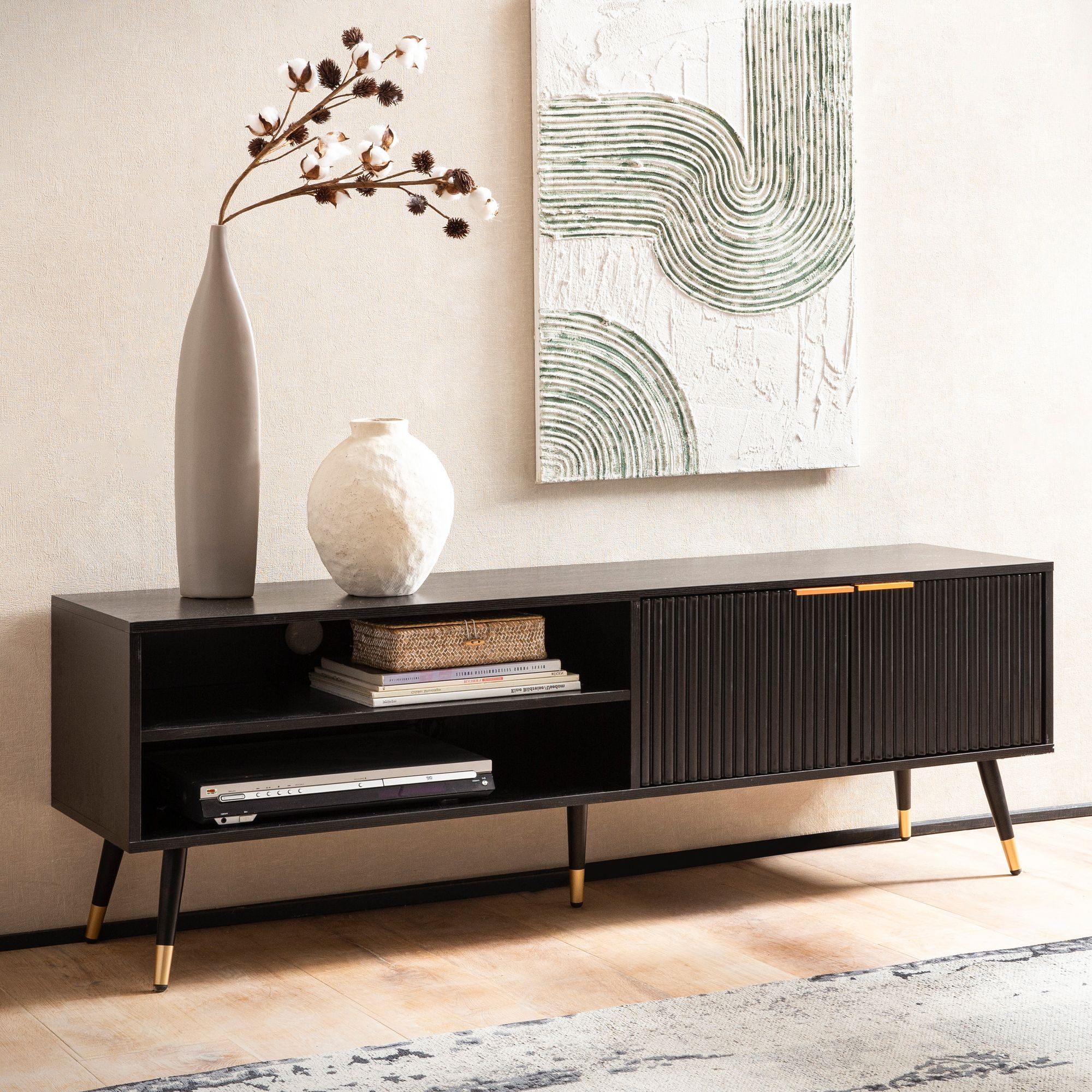 FineBuy Lowboard Schwarz mit Eiche-Dekor 150x51x39 cm TV-Kommode Modern, Design TV-Schrank Hoch, Fernsehtisch Fernsehschrank mit Türen & Ablagefächern, Fernsehkommode Wohnzimmer | Farbe: Schwarz