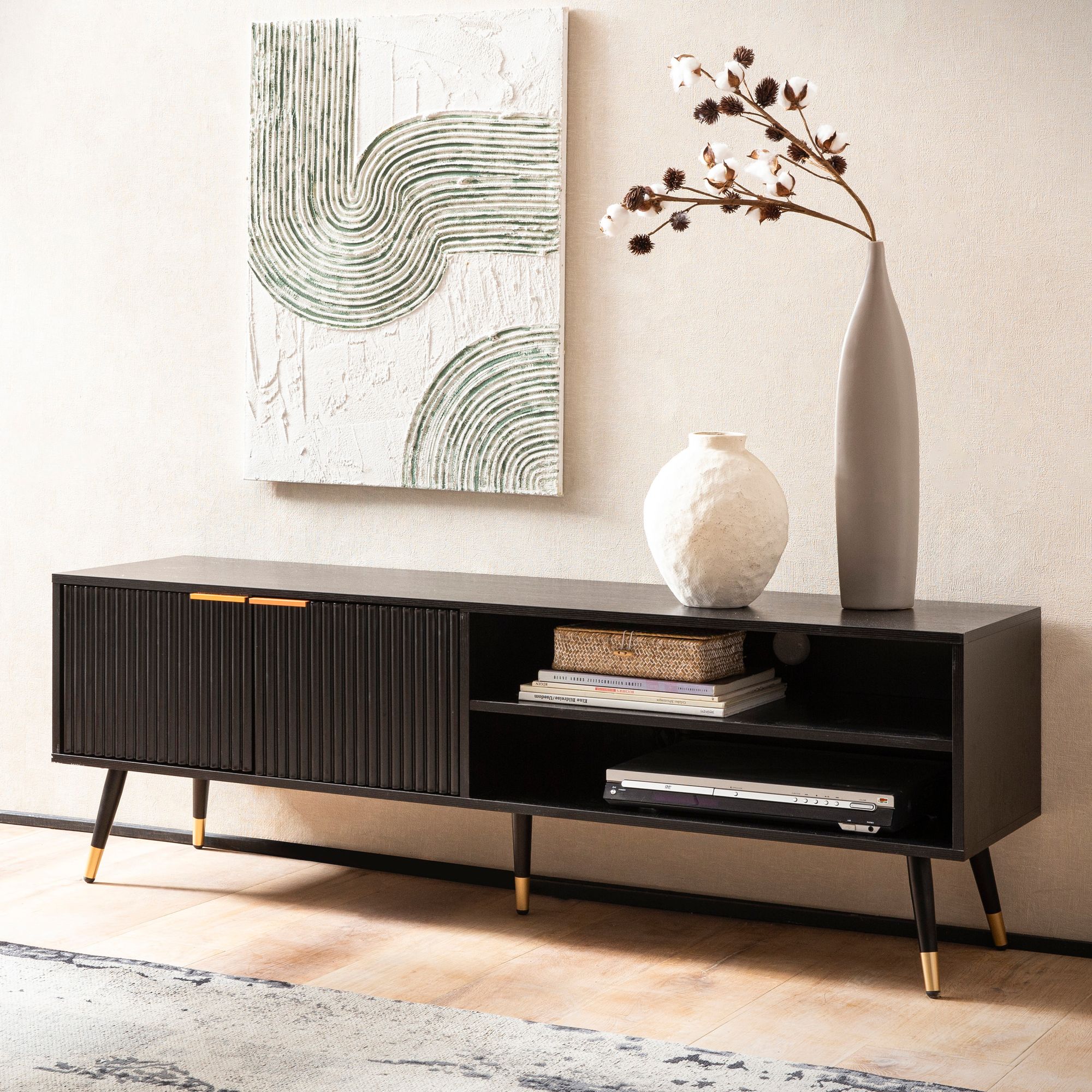 Lowboard FineBuy TV Schrank 150 cm Schwarz Türen Fernsehkommode Eiche Modern – Ansicht 1