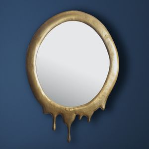 FineBuy Wandspiegel 50x71 cm Metall Design Hängespiegel Gold, Aluminium Dekospiegel Oval mit Rahmen, Spiegel Wand Groß, Flurspiegel Garderobenspiegel Modern