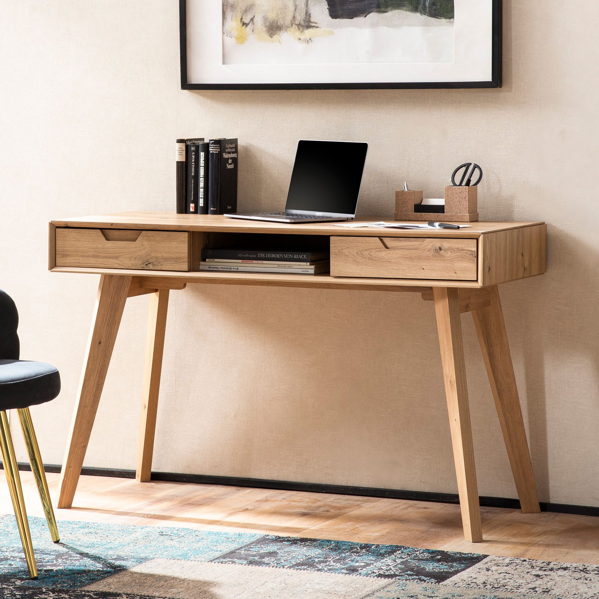 FineBuy Schreibtisch 120x55x77 cm Eiche Dekor mit Stauraum, Design Bürotisch Skandinavisch mit Schubladen, HomeOffice Laptoptisch Computertisch Arbeitszimmer mit Massivholzbeine | Farbe: Braun