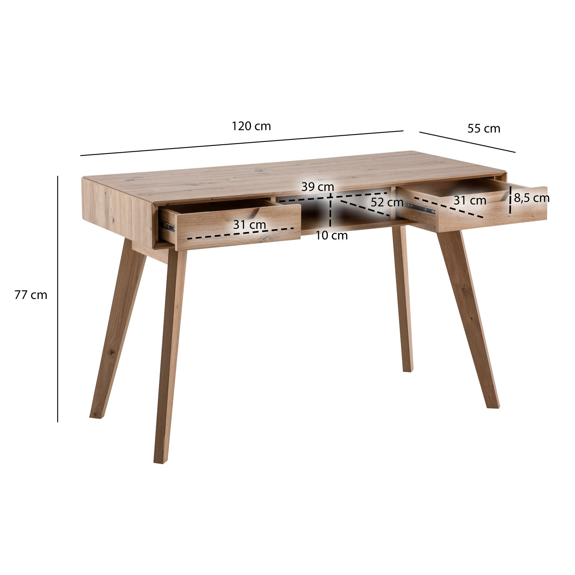 FineBuy Schreibtisch 120x55x77 cm Eiche Dekor mit Stauraum, Design Bürotisch Skandinavisch mit Schubladen, HomeOffice Laptoptisch Computertisch Arbeitszimmer mit Massivholzbeine | Farbe: Braun
