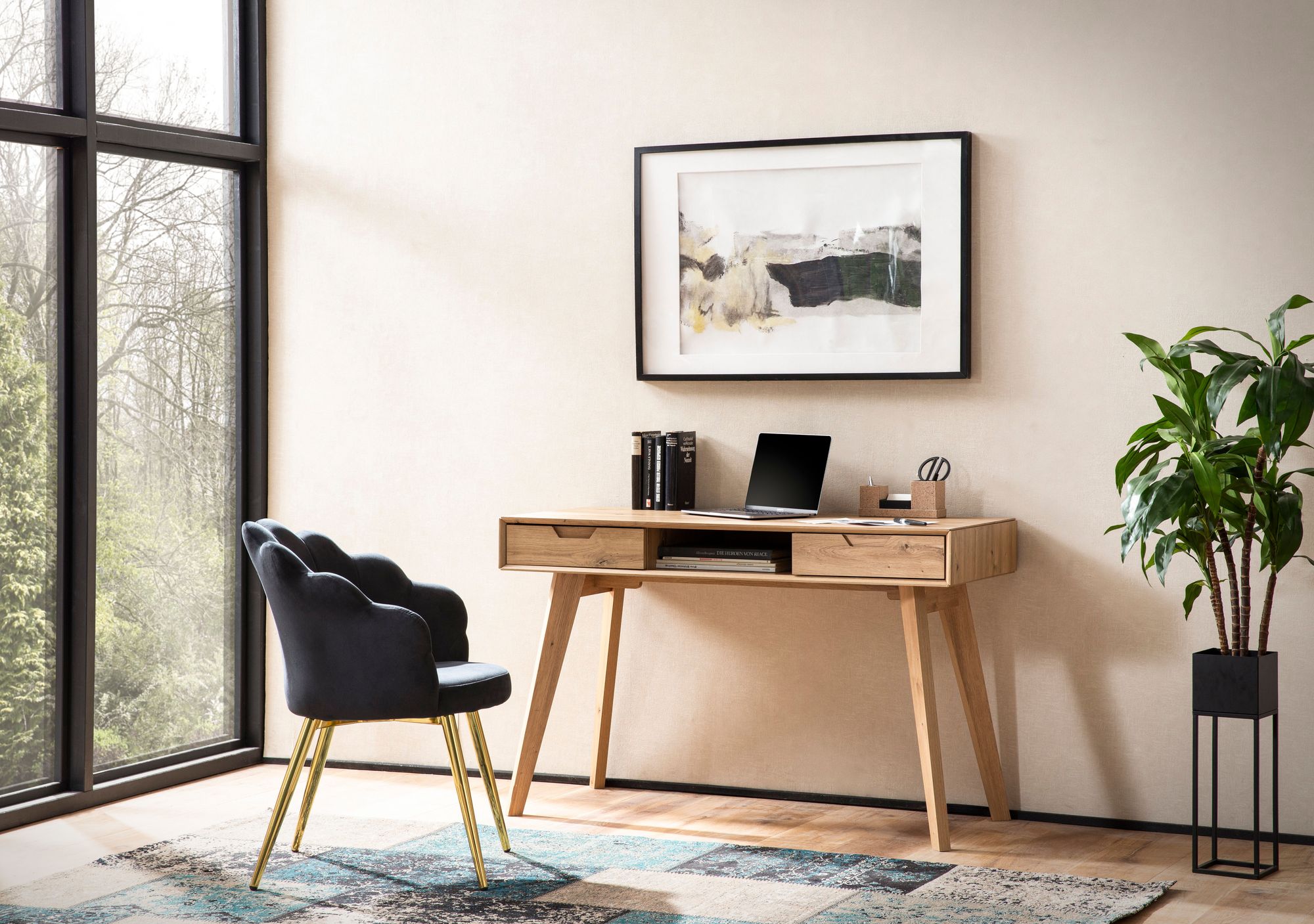 FineBuy Schreibtisch 120x55x77 cm Eiche Dekor mit Stauraum, Design Bürotisch Skandinavisch mit Schubladen, HomeOffice Laptoptisch Computertisch Arbeitszimmer mit Massivholzbeine | Farbe: Braun