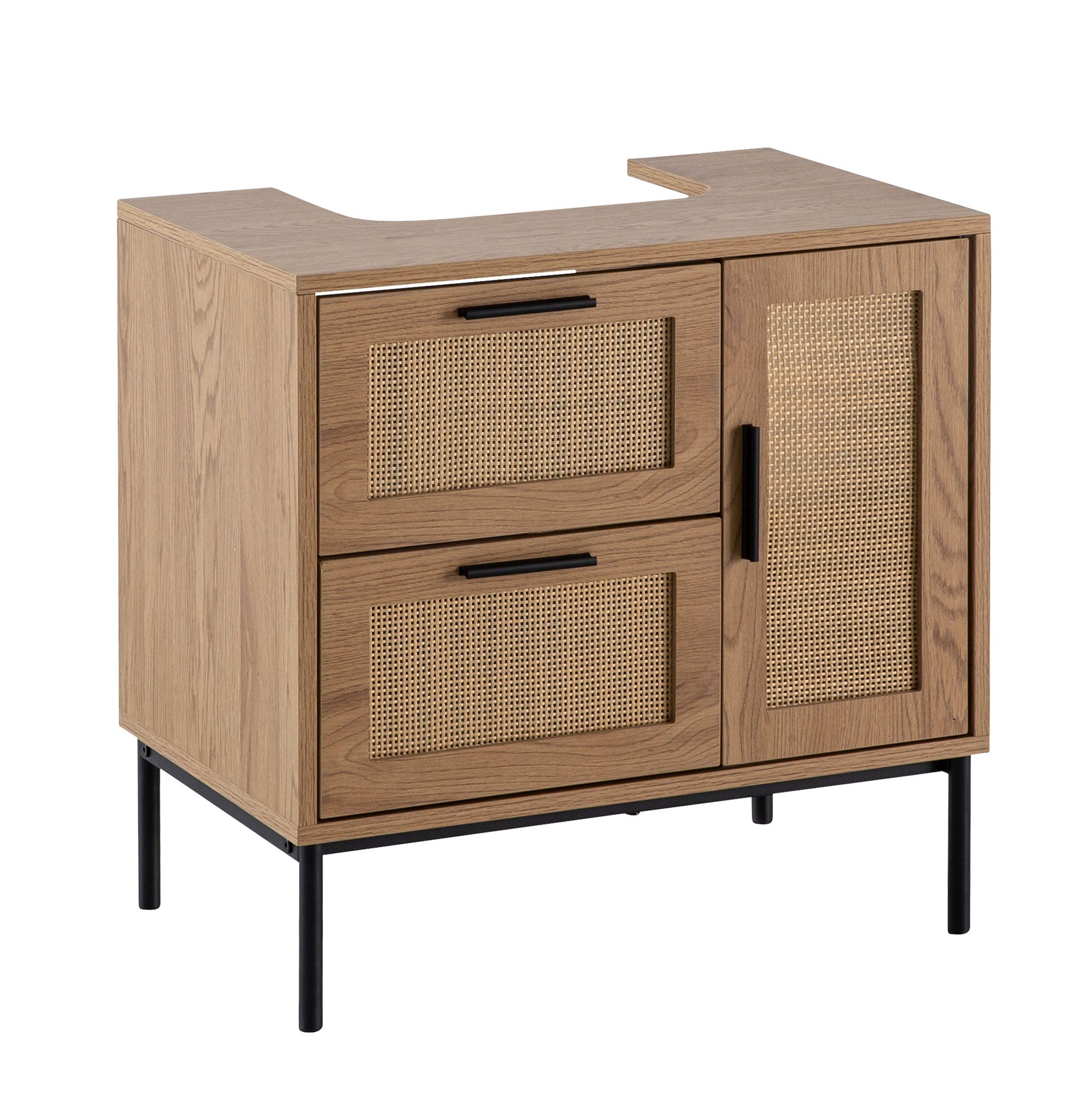 FineBuy Waschbeckenunterschrank Eiche-Optik 60x60x40 cm mit Tür und Schubladen, Badezimmerschrank mit Rattangeflecht, Unterschrank Stehend, Badschrank Midischrank Klein Waschtisch | Farbe: Braun