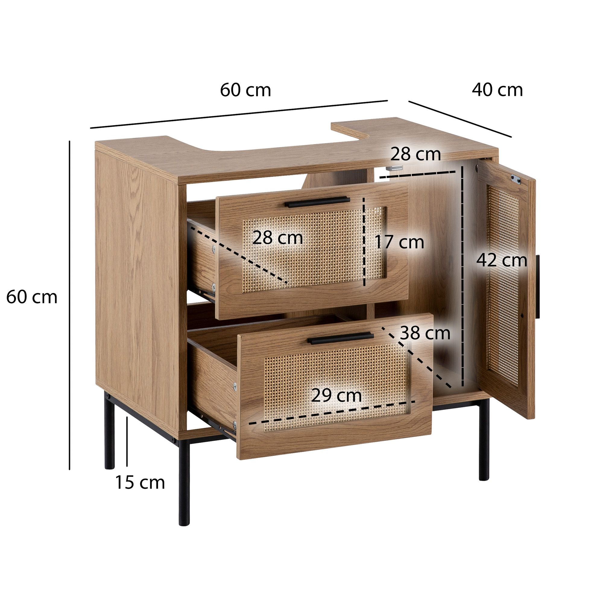 FineBuy Waschbeckenunterschrank Eiche-Optik 60x60x40 cm mit Tür und Schubladen, Badezimmerschrank mit Rattangeflecht, Unterschrank Stehend, Badschrank Midischrank Klein Waschtisch | Farbe: Braun