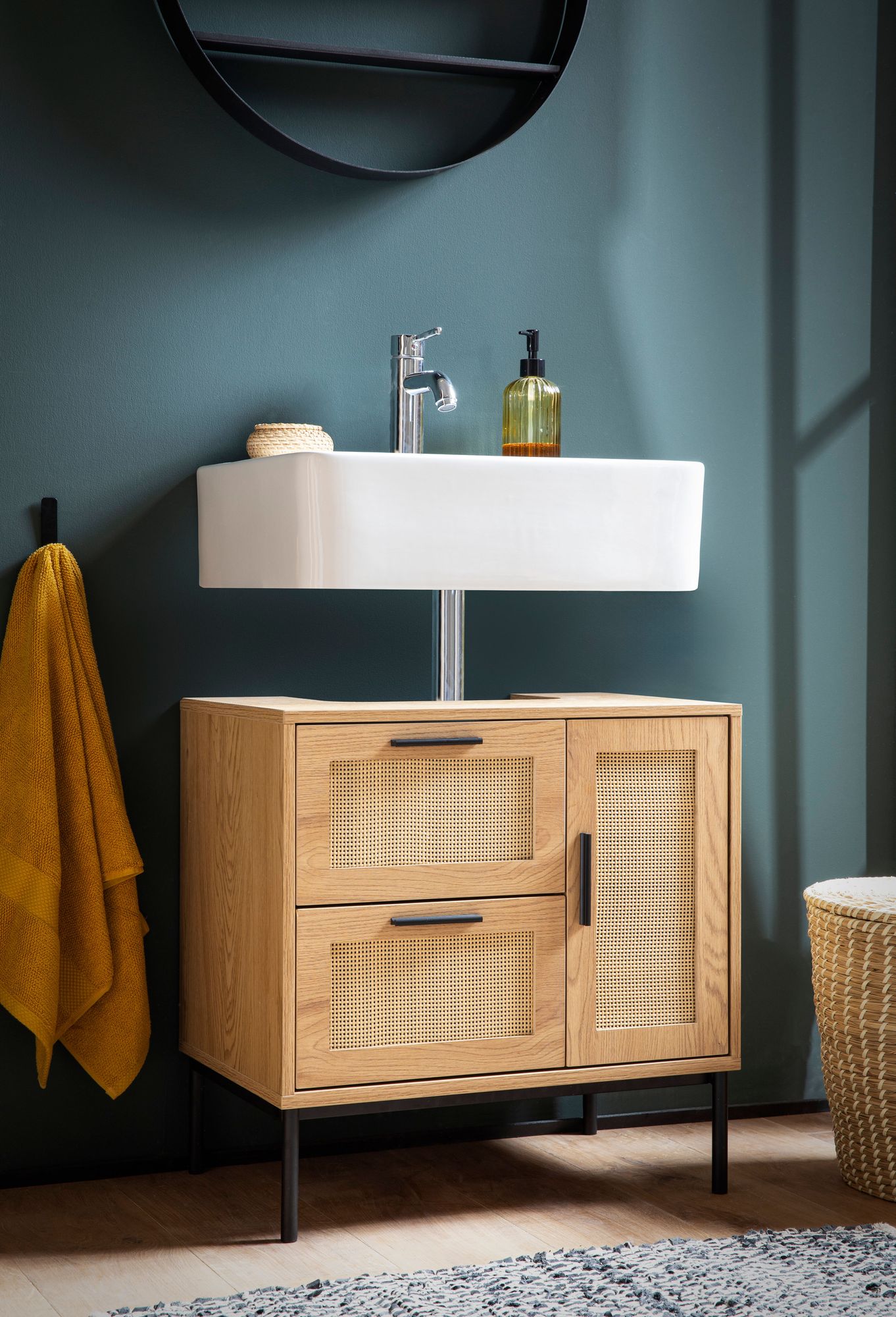 FineBuy Waschbeckenunterschrank Eiche-Optik 60x60x40 cm mit Tür und Schubladen, Badezimmerschrank mit Rattangeflecht, Unterschrank Stehend, Badschrank Midischrank Klein Waschtisch | Farbe: Braun