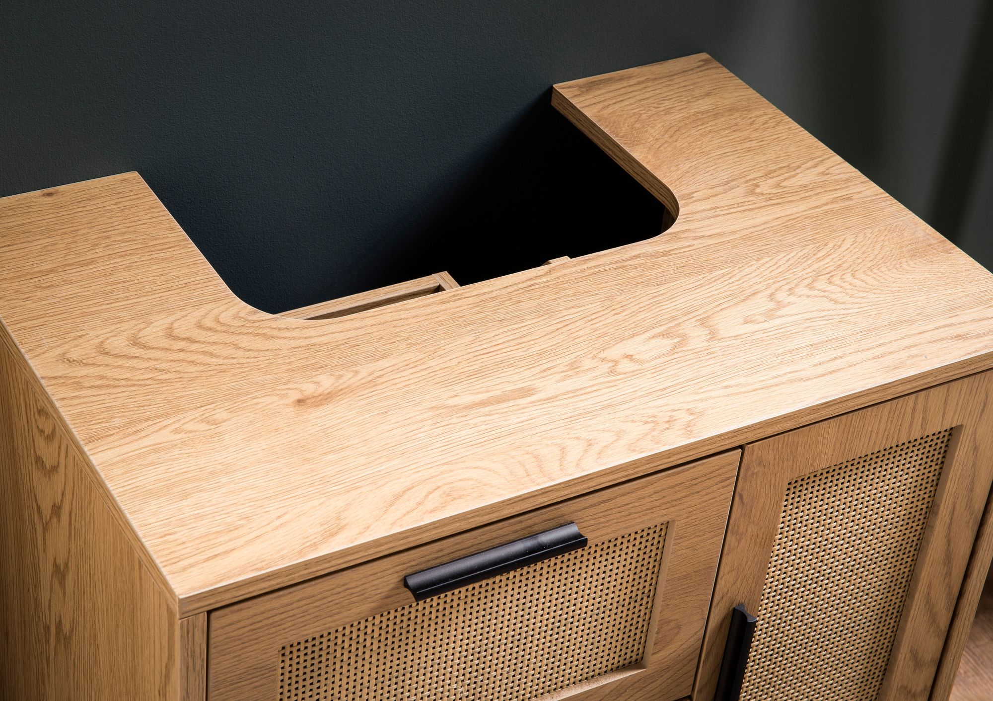 FineBuy Waschbeckenunterschrank Eiche-Optik 60x60x40 cm mit Tür und Schubladen, Badezimmerschrank mit Rattangeflecht, Unterschrank Stehend, Badschrank Midischrank Klein Waschtisch | Farbe: Braun