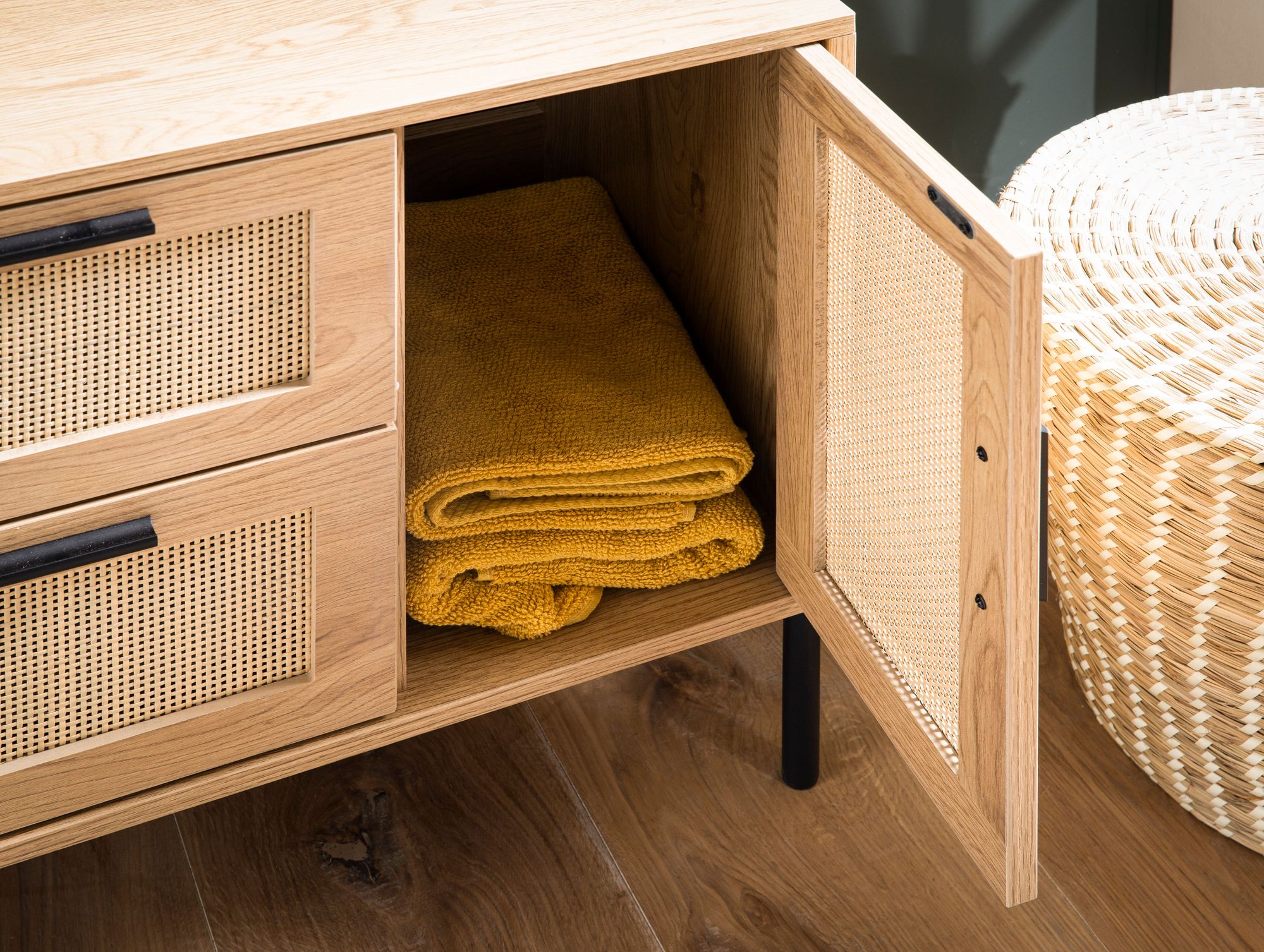 FineBuy Waschbeckenunterschrank Eiche-Optik 60x60x40 cm mit Tür und Schubladen, Badezimmerschrank mit Rattangeflecht, Unterschrank Stehend, Badschrank Midischrank Klein Waschtisch | Farbe: Braun