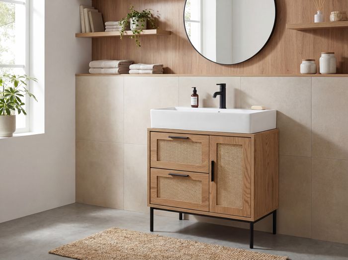 FineBuy Waschbeckenunterschrank Eiche-Optik 60x60x40 cm mit Tür und Schubladen, Badezimmerschrank mit Rattangeflecht, Unterschrank Stehend, Badschrank Midischrank Klein Waschtisch