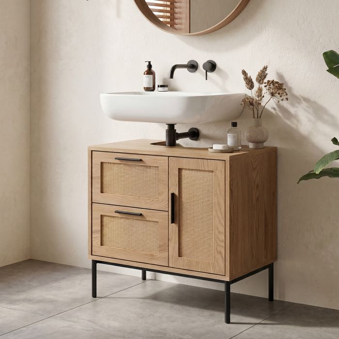 FineBuy Waschbeckenunterschrank Eiche-Optik 60x60x40 cm mit Tür und Schubladen, Badezimmerschrank mit Rattangeflecht, Unterschrank Stehend, Badschrank Midischrank Klein Waschtisch