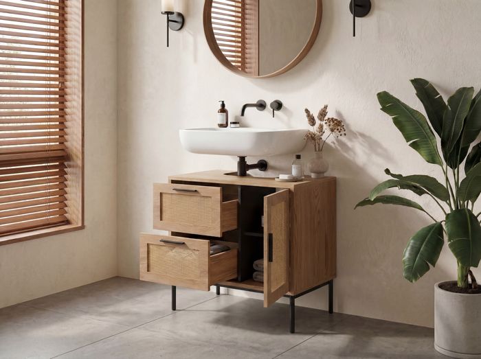 FineBuy Waschbeckenunterschrank Eiche-Optik 60x60x40 cm mit Tür und Schubladen, Badezimmerschrank mit Rattangeflecht, Unterschrank Stehend, Badschrank Midischrank Klein Waschtisch