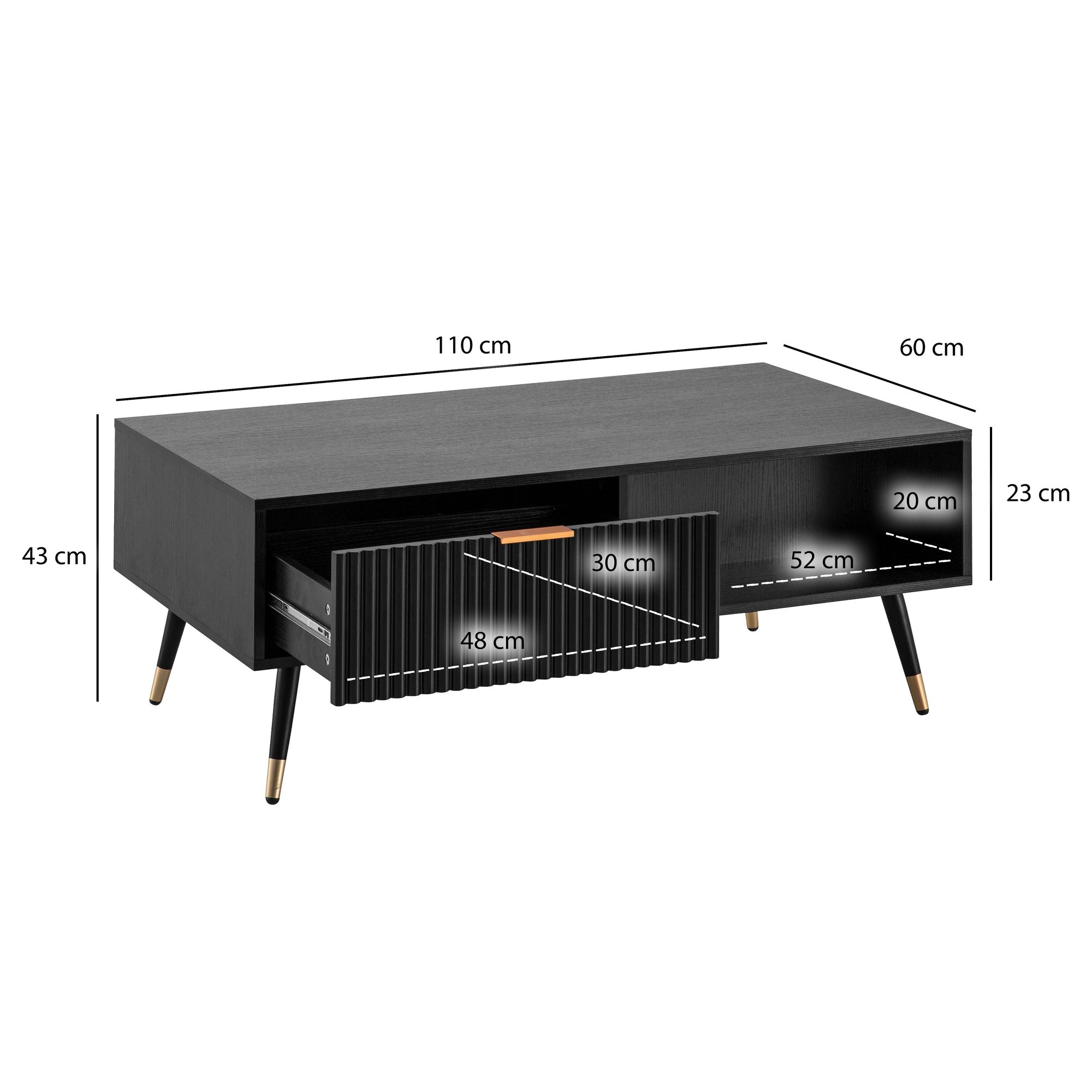 FineBuy Couchtisch 110x60x43 cm Schwarz mit Eiche-Dekor Wohnzimmertisch, Sofatisch Rechteckig mit Stauraum, Kaffeetisch mit Schubladen, Tisch Wohnzimmer mit Metallbeine | Farbe: Schwarz