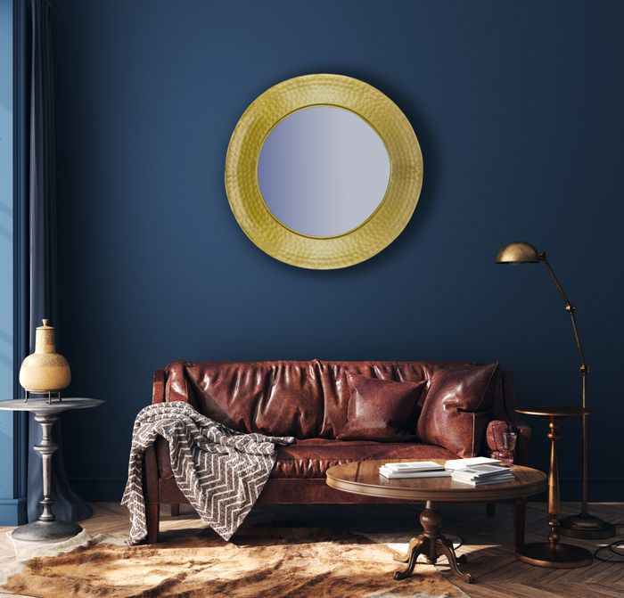 FineBuy Wandspiegel 60 cm Metall Design Hängespiegel Gold, Eisen Dekospiegel Rund mit Rahmen Hammerschlag, Spiegel Wand Groß, Flurspiegel Garderobenspiegel Modern