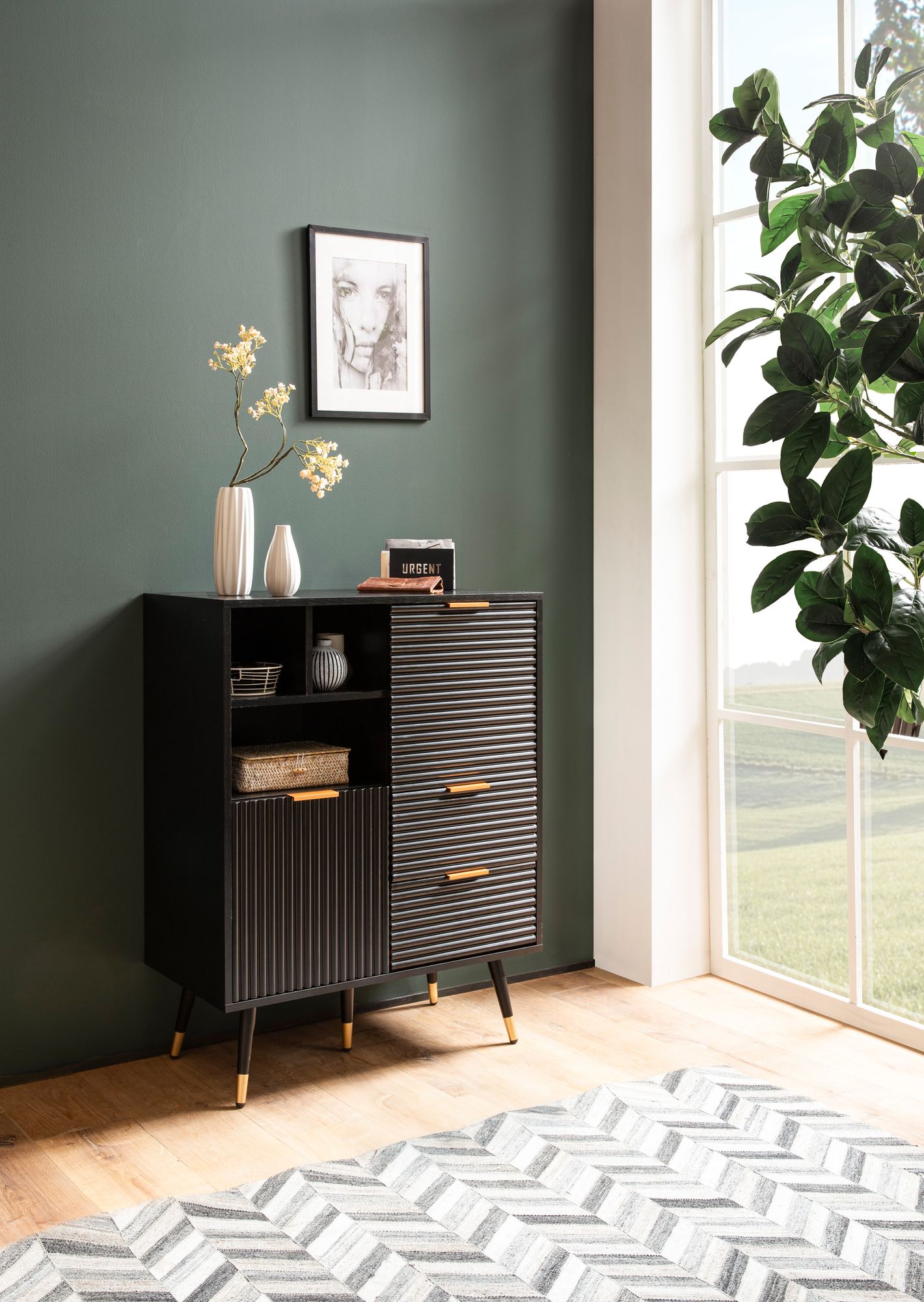 FineBuy Sideboard 77x97x40 cm Anrichte Schwarz mit Eiche-Dekor, Kommode mit Türen und Schubladen, Kommodenschrank Flurschrank mit Regal Modern, Standschrank Wohnzimmer Metallbeine | Farbe: Schwarz
