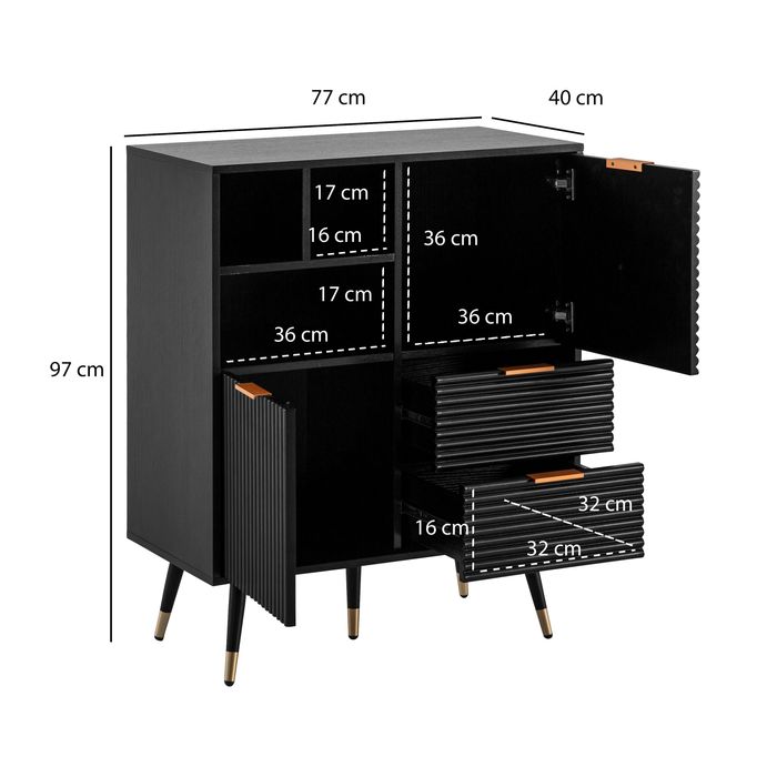 Kommode 77 cm in MDF Eiche Schwarz Dekor mit 2 Schubladen / 2 Türen und Ablage Design Sideboard Schrank – Maßzeichnung