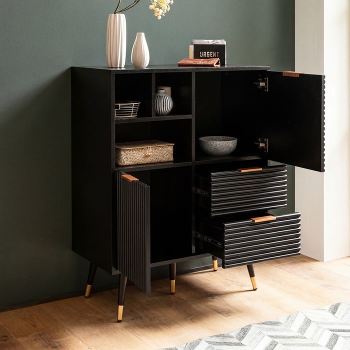 Kommode 77 cm in MDF Eiche Schwarz Dekor mit 2 Schubladen / 2 Türen und Ablage Design Sideboard Schrank – Maßzeichnung