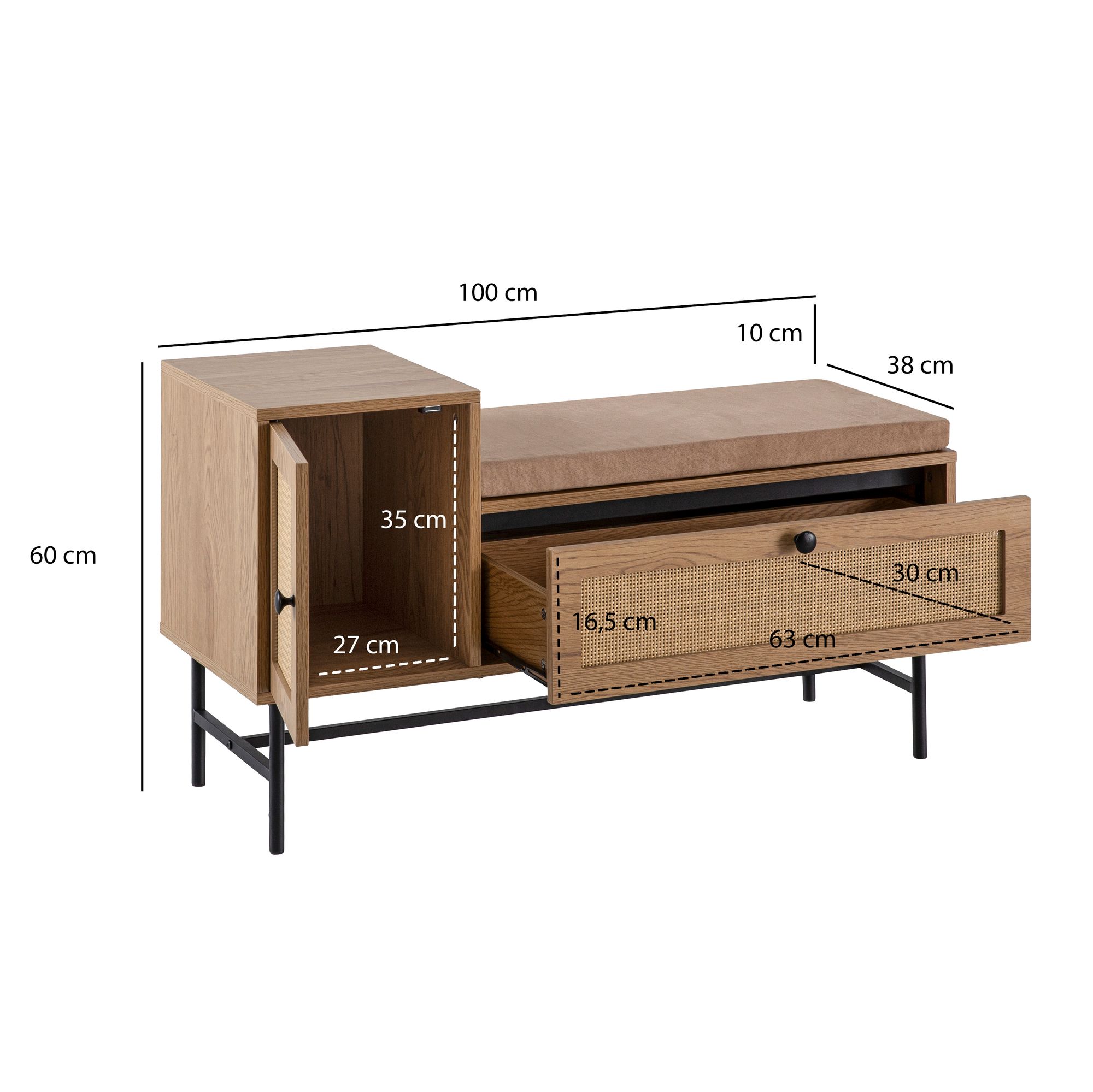 FineBuy Schuhbank mit Sitzfläche 100x60x38 cm Garderobenbank Eiche-Dekor, Sitzbank Rattan Klein Gepolstert, Bank Schmal Flur mit Stauraum, Flurbank Flurmöbel mit Schublade und Tür | Farbe: Braun