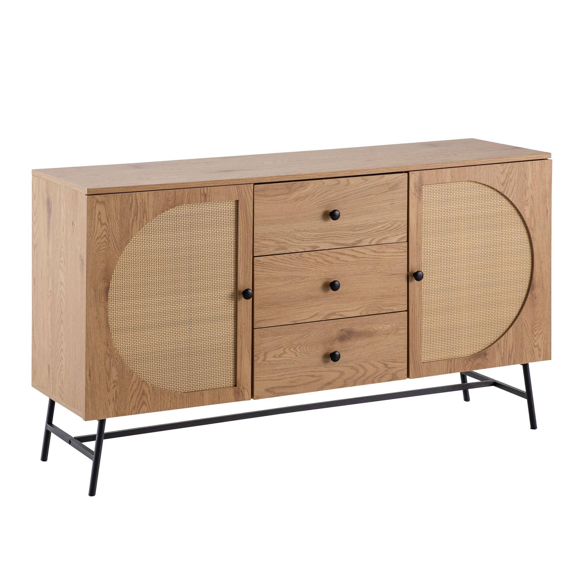Sideboard in Eiche Dekor 140 cm Kommode mit 2 Türen & 3 Schubladen aus Wiener Rattan Geflecht Design | Farbe: Braun