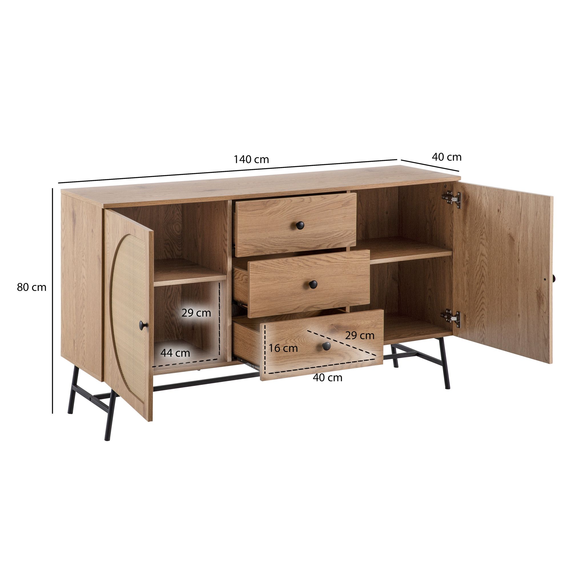 Sideboard in Eiche Dekor 140 cm Kommode mit 2 Türen & 3 Schubladen aus Wiener Rattan Geflecht Design | Farbe: Braun