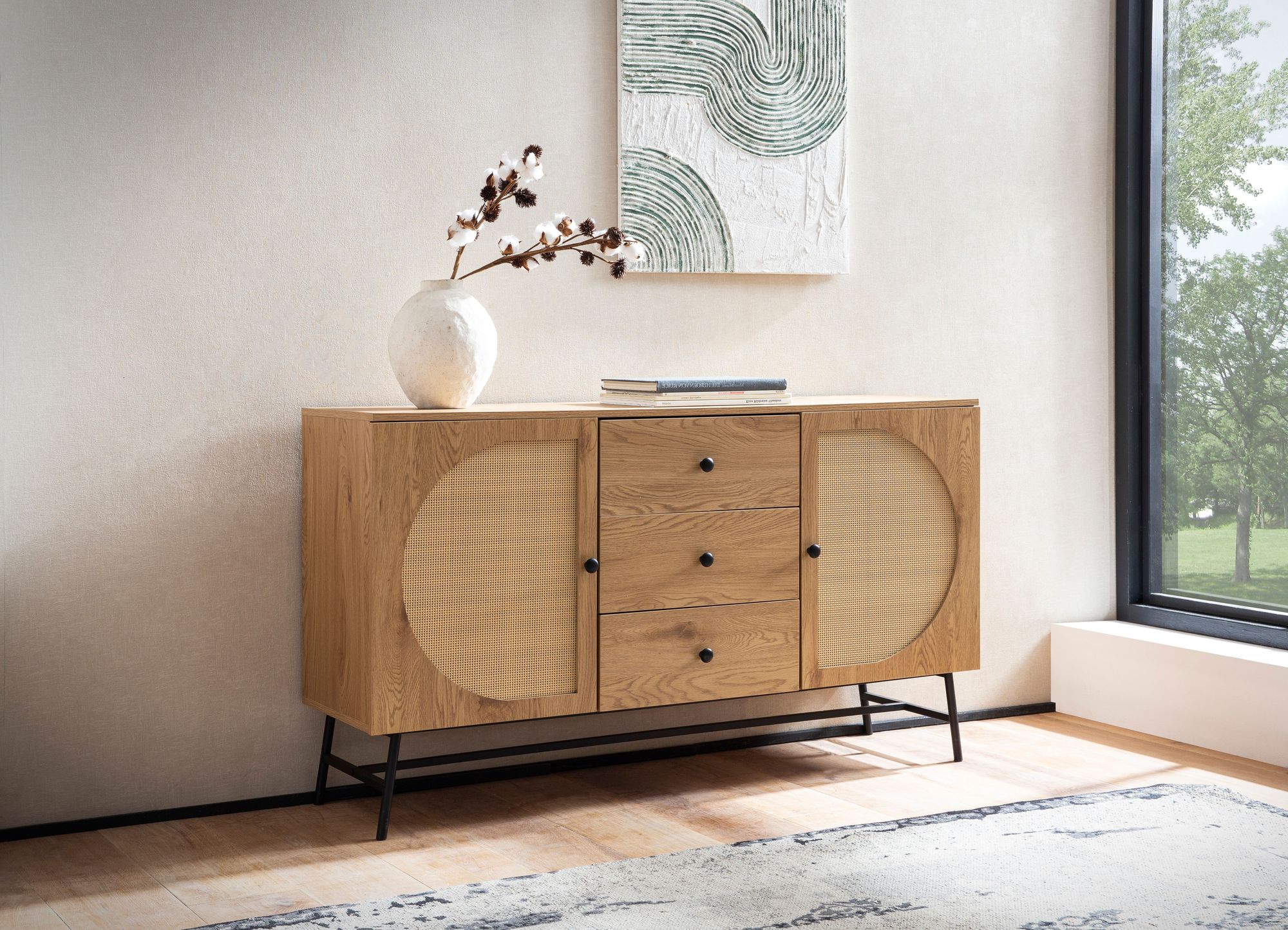 Sideboard in Eiche Dekor 140 cm Kommode mit 2 Türen & 3 Schubladen aus Wiener Rattan Geflecht Design | Farbe: Braun