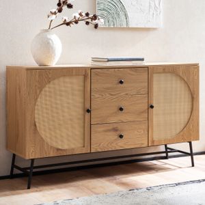 FineBuy Sideboard 140x80x40 cm Kommode Eiche-Dekor mit Rattan Geflecht Modern, Hoher Kommodenschrank, Standschrank mit 2 Türen und 3 Schubladen, Anrichte Wohnzimmer