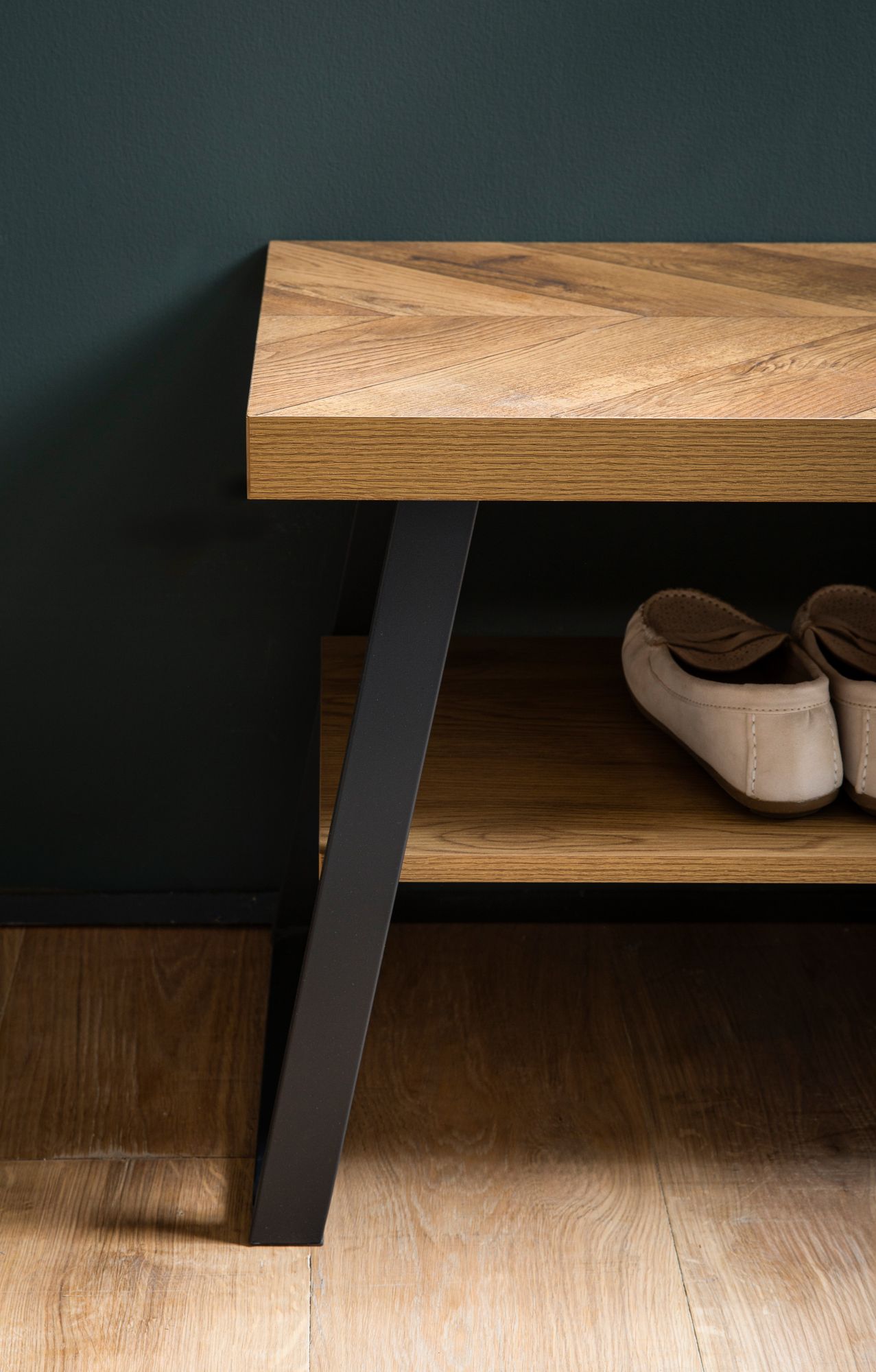 FineBuy Schuhbank 100x41x40 cm Garderobenbank Eiche-Dekor, Sitzbank Fischgrät-Muster Klein, Bank Schmal Flur mit Stauraum, Flurbank Flurmöbel mit Ablage | Farbe: Braun